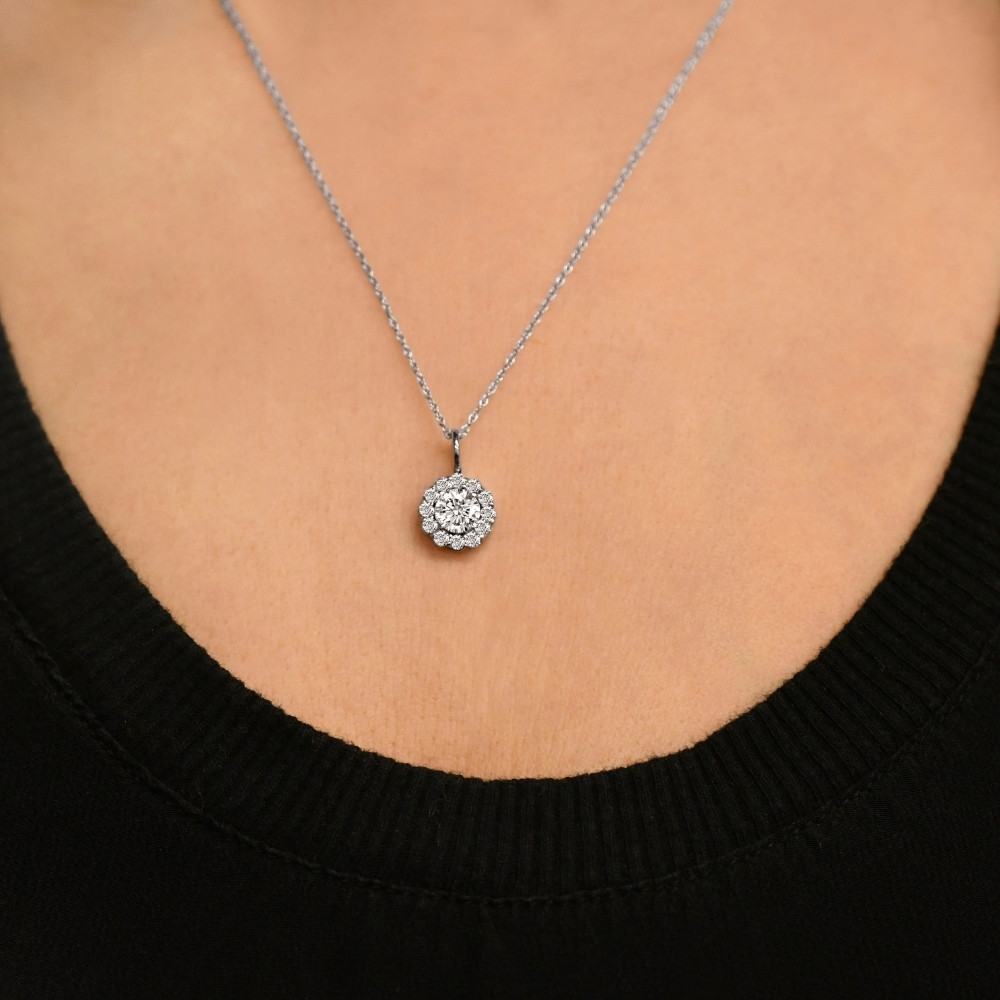 1 Ct Halo Diamond Pendant Necklace 18" 14k White Gold (G-H, I1)