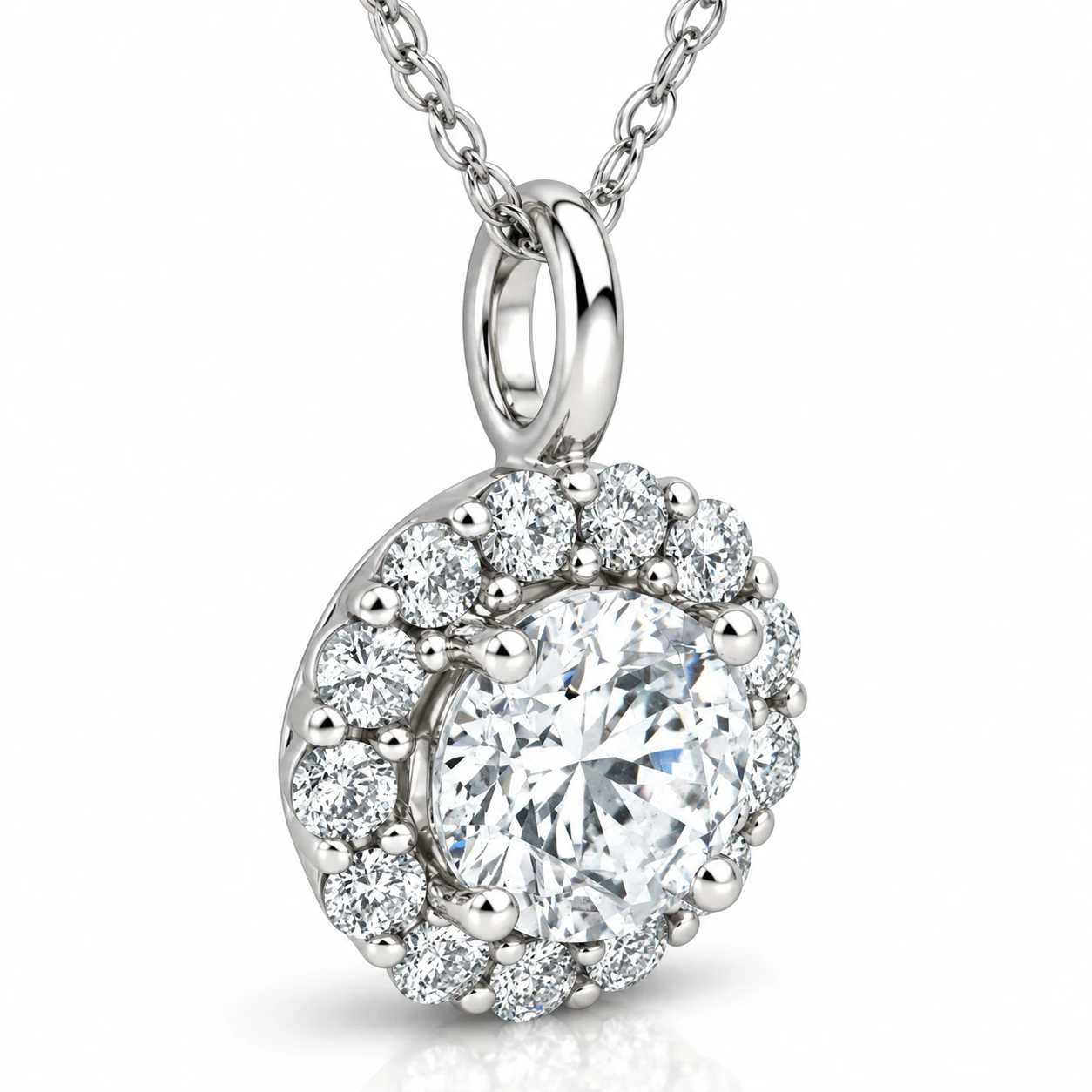 1 Ct Halo Diamond Pendant Necklace 18" 14k White Gold (G-H, I1)