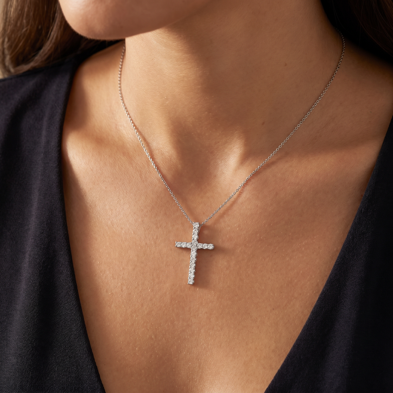 1 Ct Diamond Cross 14k White Gold 18" Chain Womens Necklace 1 1/4" Tall (G-H, I1)