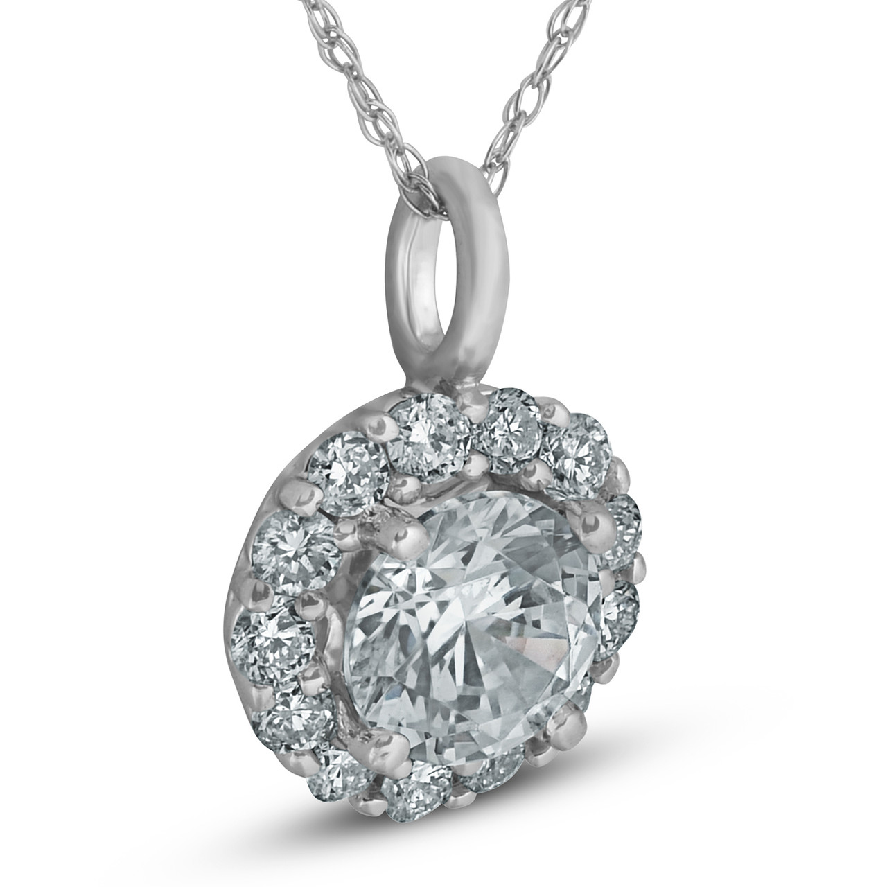 3/4 Ct TW Round Cut Diamond Halo Solitaire Pendant 14k White Gold Necklace  (G-H, I1)