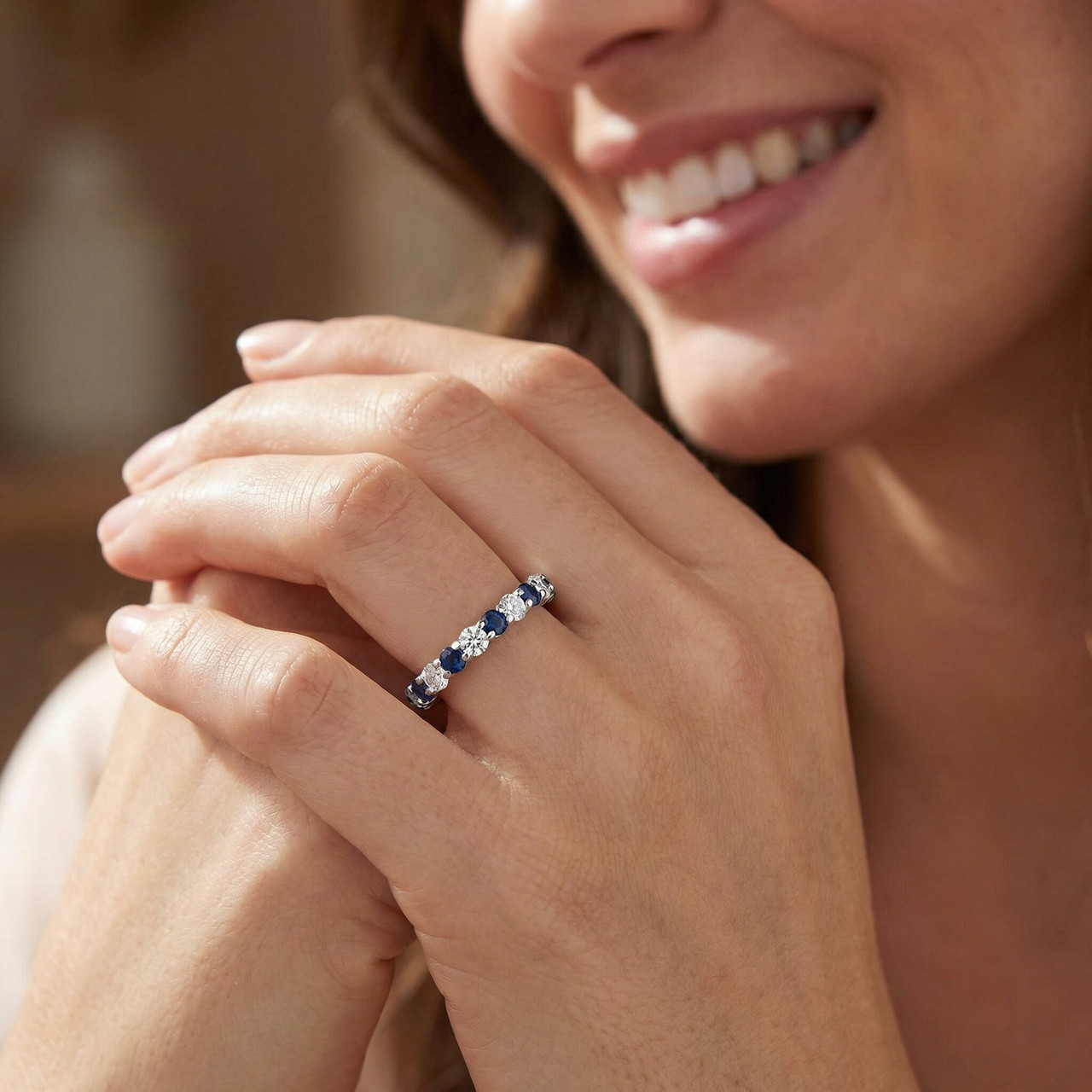 1 cttw Blue Sapphire Diamond Wedding Eternity Ring 14k White Gold (G-H, I1)