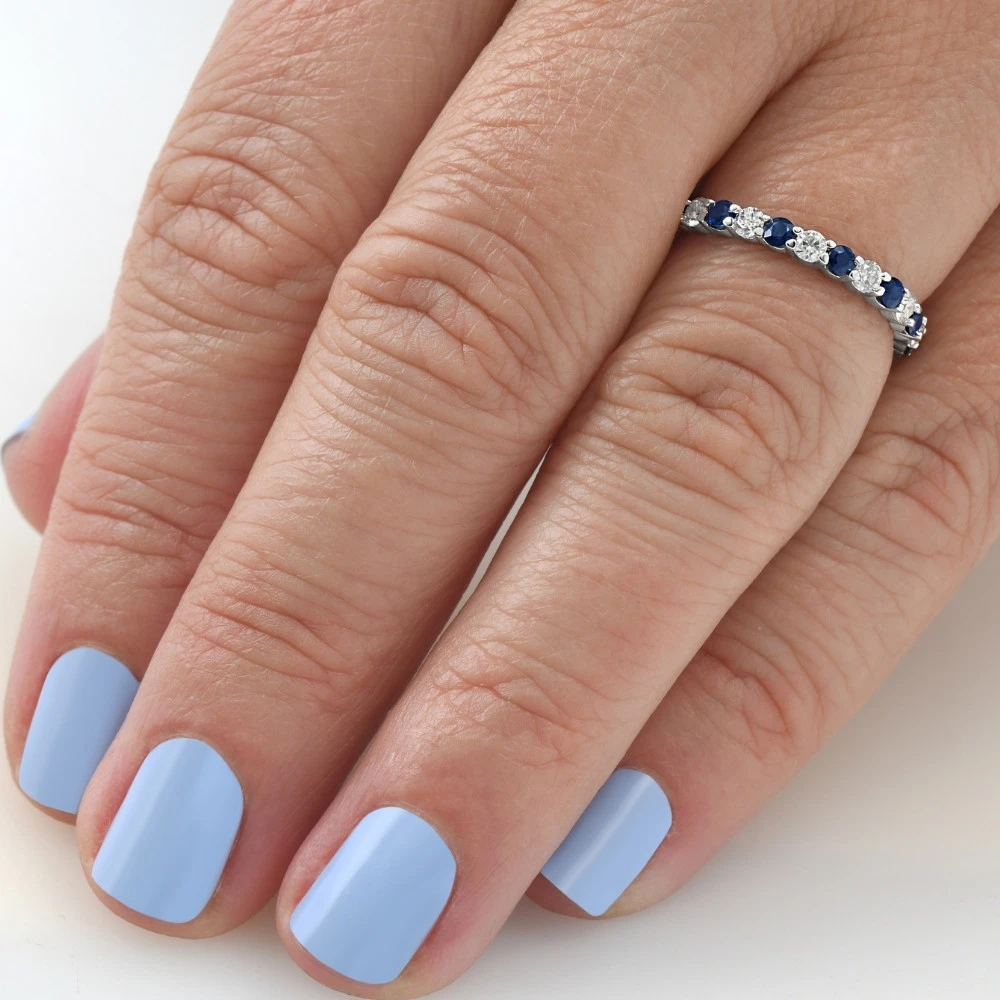 1 cttw Blue Sapphire Diamond Wedding Eternity Ring 14k White Gold (G-H, I1)