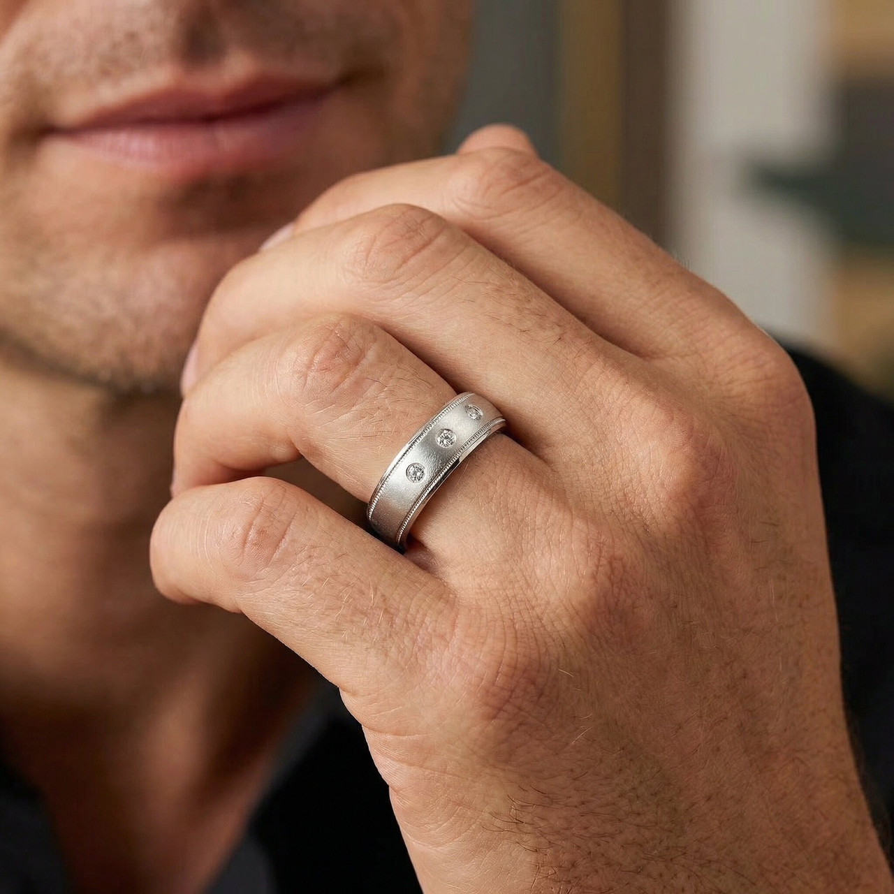 Hammered Diamond 6mm Wedding Band 10K White Gold (G-H, SI)