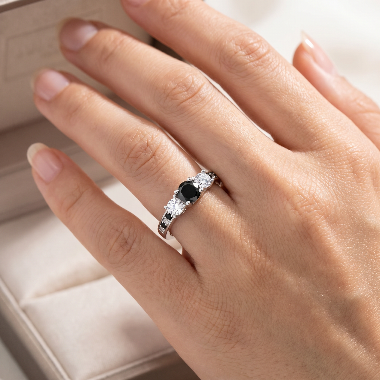 1 1/4CT Black & White Diamond Engagement 3-Stone Ring 10K White Gold (H-I, I1)