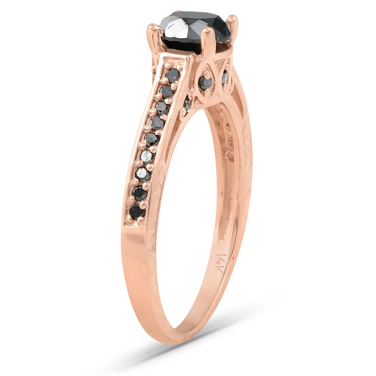 1 1/4ct Vintage Round Cut Black Diamond Engagement Ring 14K Rose Gold (Black, )
