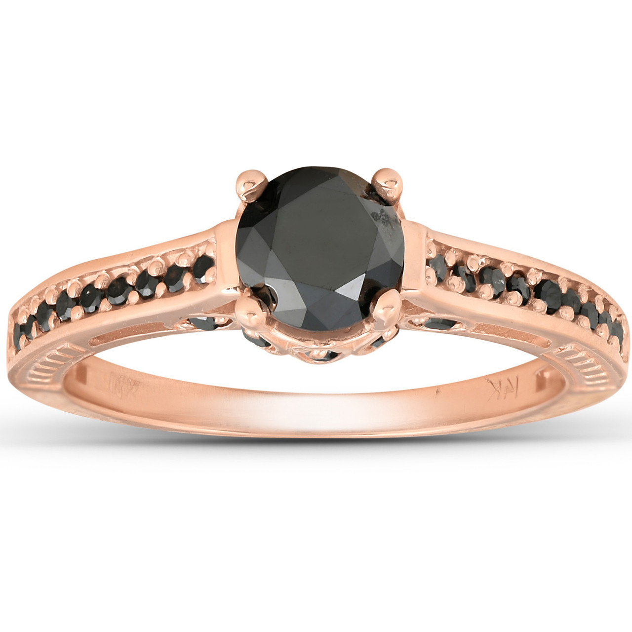 1 1/4ct Vintage Round Cut Black Diamond Engagement Ring 14K Rose Gold (Black, )