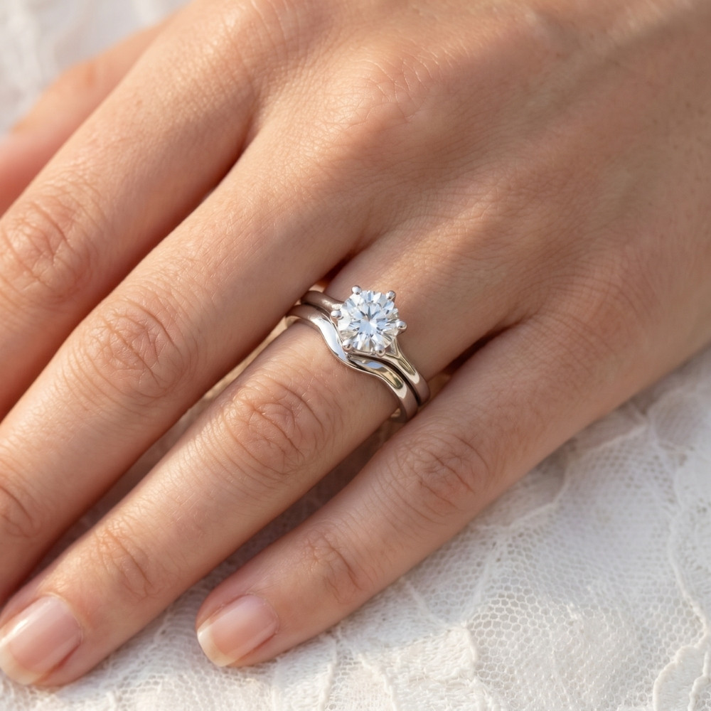 1Ct Diamond Engagement Ring Wedding Plain Band Set 14k White Gold Lab Grown (G-H, VS)