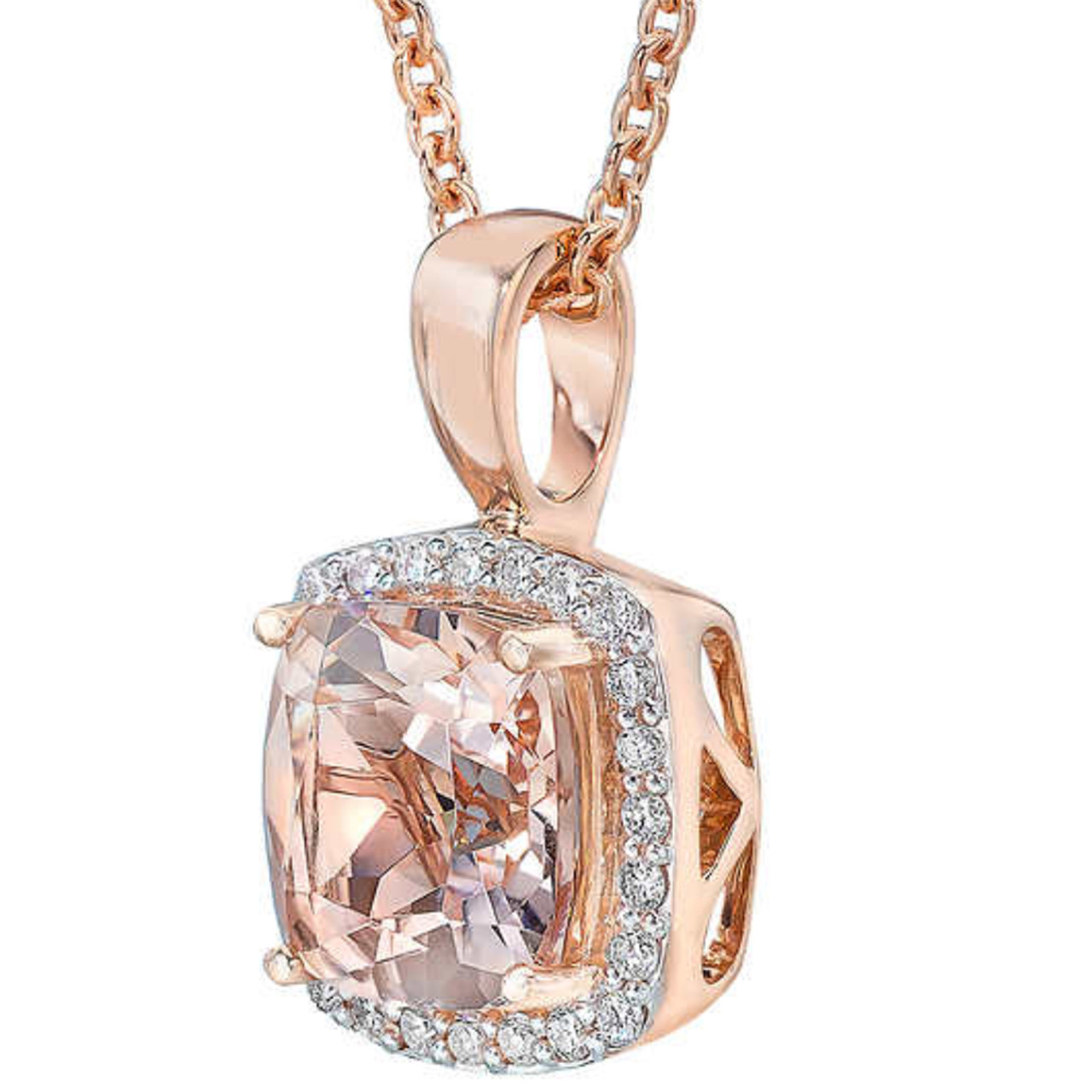 1 1/10ct Morganite Cushion Halo Diamond Pendant 14K Rose Gold (G-H, I2-I3)