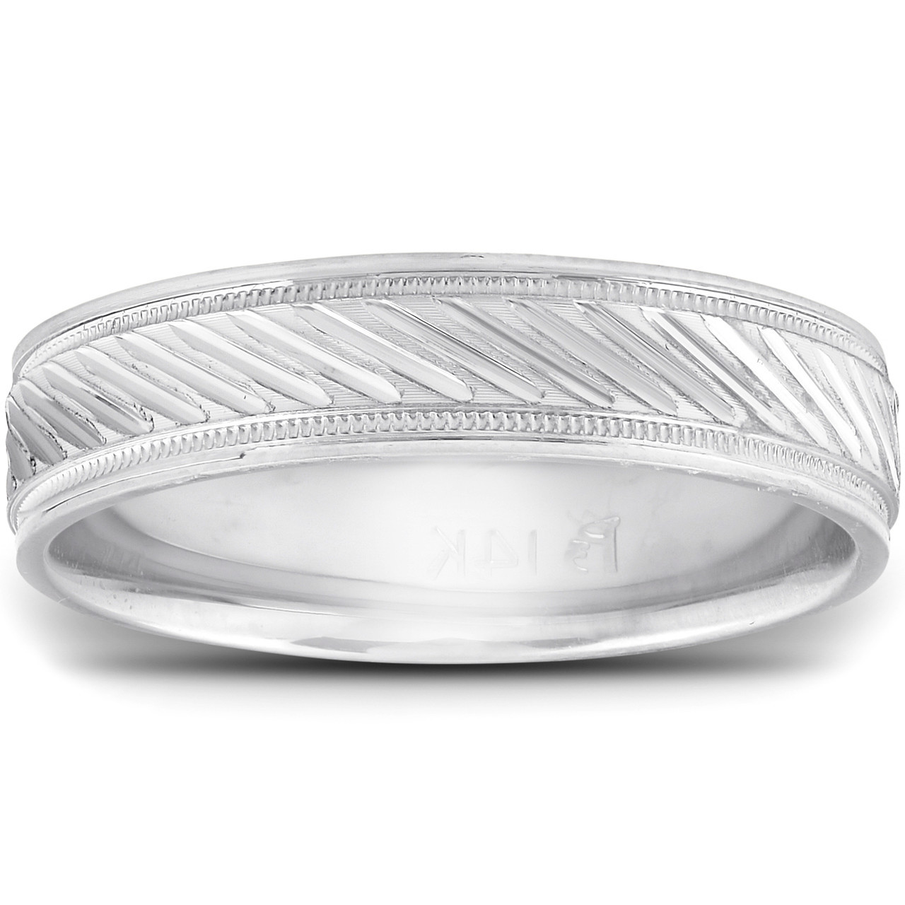 14k White Gold 5mm Flat Mens Hand Carved Wedding Band