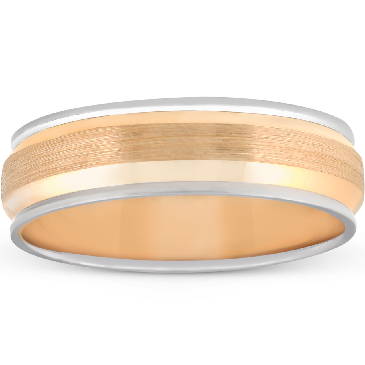 6MM 14k White & Yellow Gold Two Tone Brushed Wedding Band Mens Beveled Ring 6MM 14k White & Yellow Gold Two Tone Brushed Wedding Band Mens Beveled Ring
