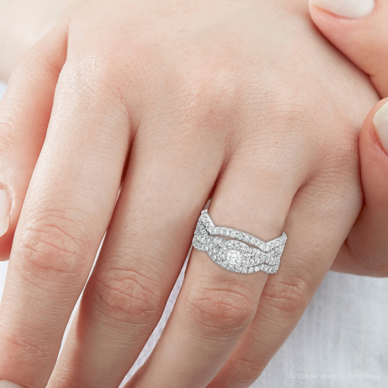 1 1/4 Ct Cushion Halo Diamond Engagement Wedding Ring 3-Piece Set White Gold (H-I, I1)