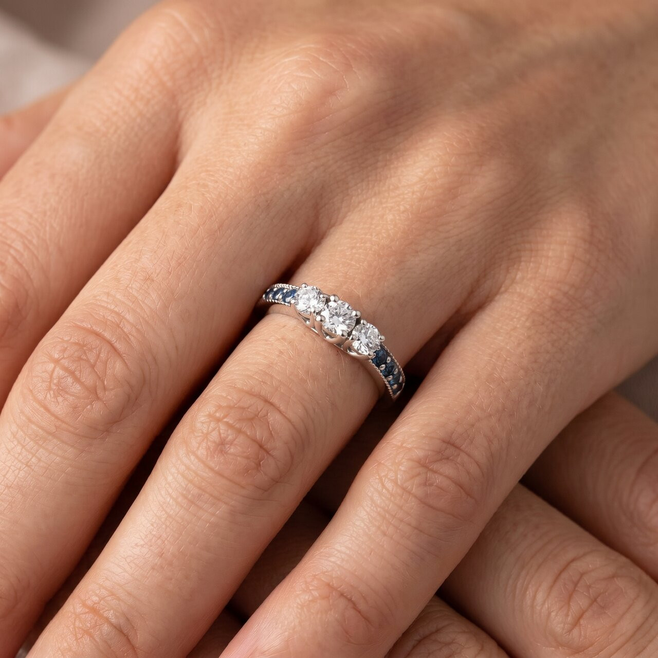 1/2 Ct Blue & White Diamond Three Stone Engagement Anniversary Ring White Gold (H-I, I1)