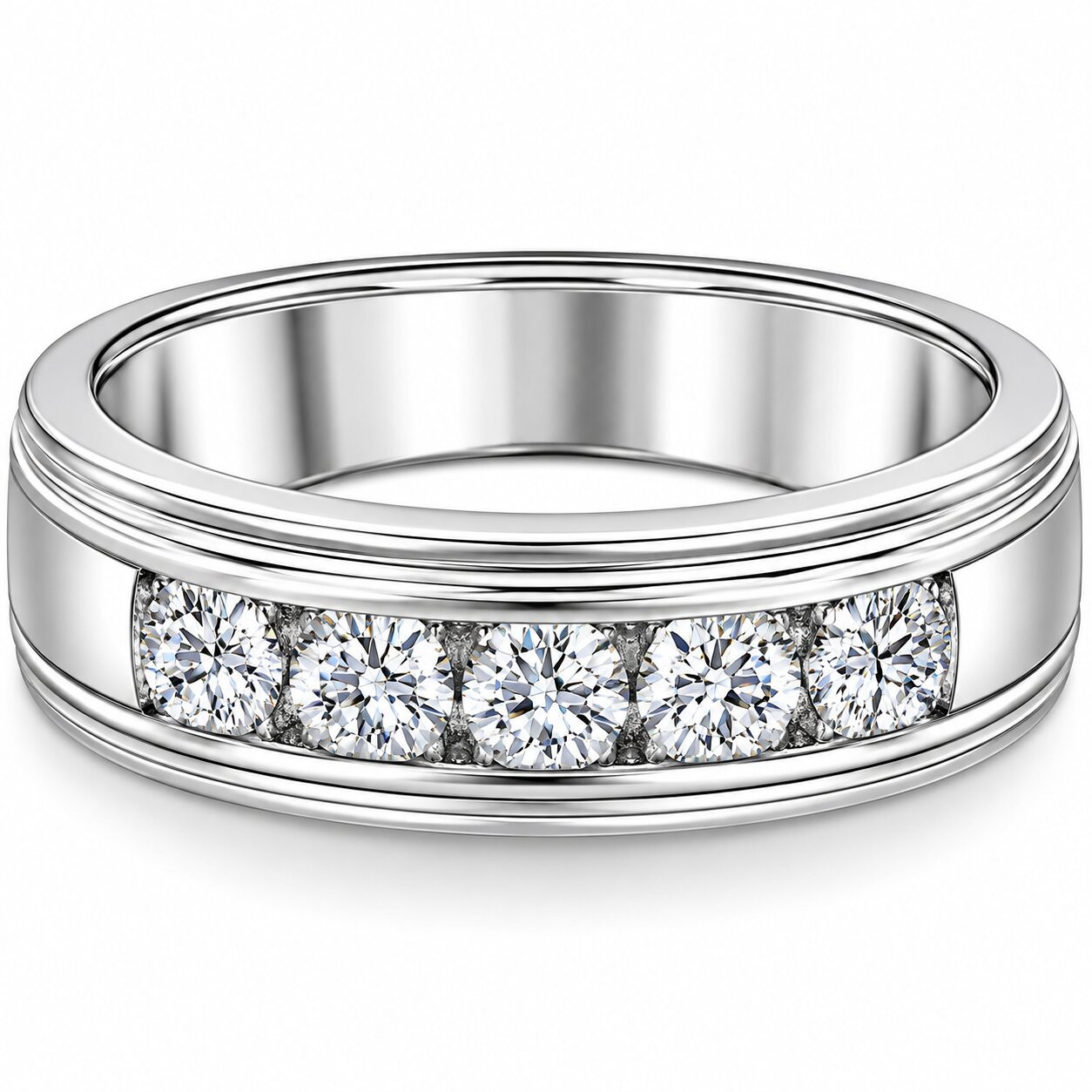 1 Ct Mens Diamond 5-Stone Wedding Ring Channel Set Classic Ring 10k White Gold (H-I, I1)