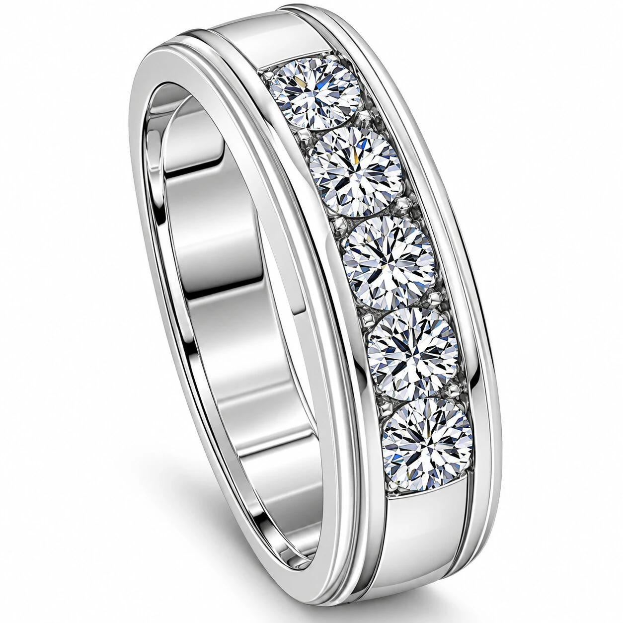 1 Ct Mens Diamond 5-Stone Wedding Ring Channel Set Classic Ring 10k White Gold (H-I, I1)