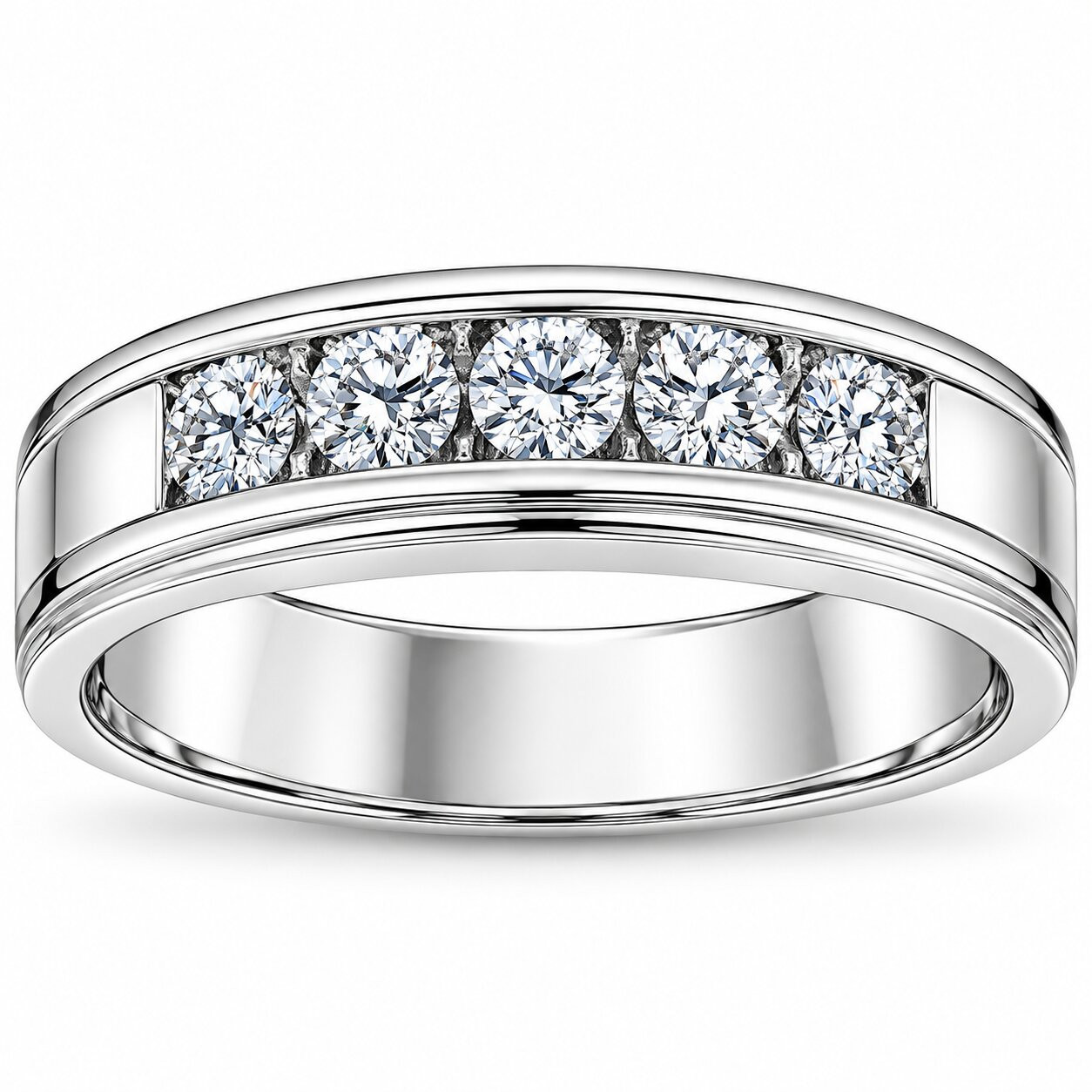 1 Ct Mens Diamond 5-Stone Wedding Ring Channel Set Classic Ring 10k White Gold (H-I, I1)