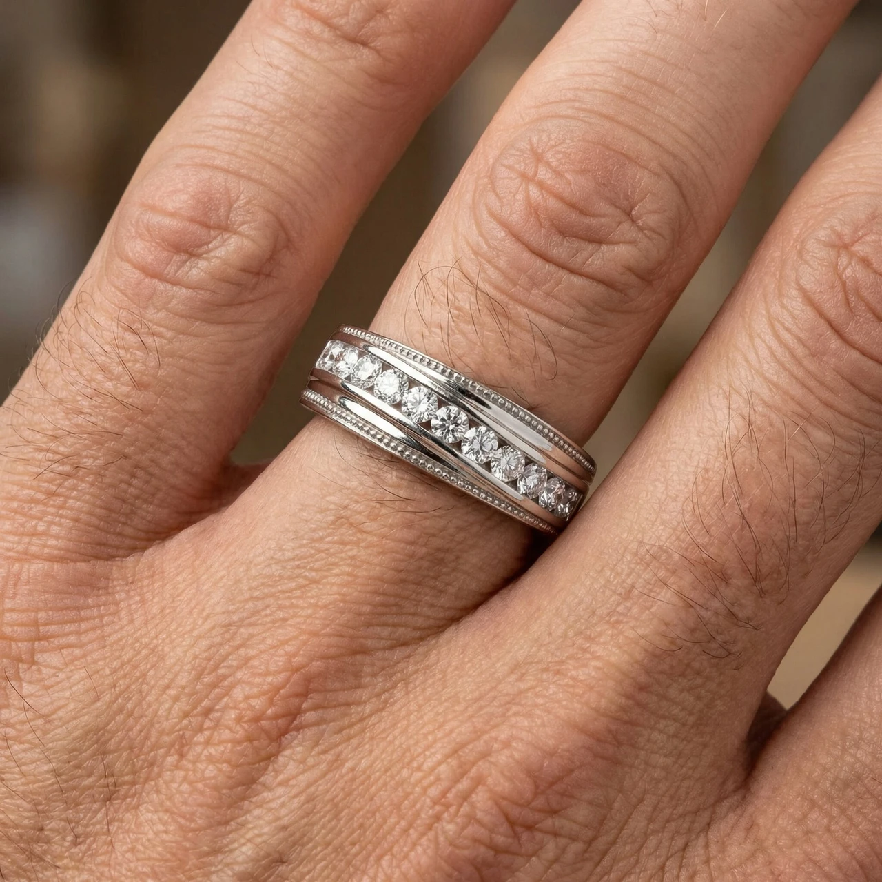 1/2 Ct Mens Diamond Wedding Ring With Bead Accent High Polished 10k White Gold (H-I, I1)