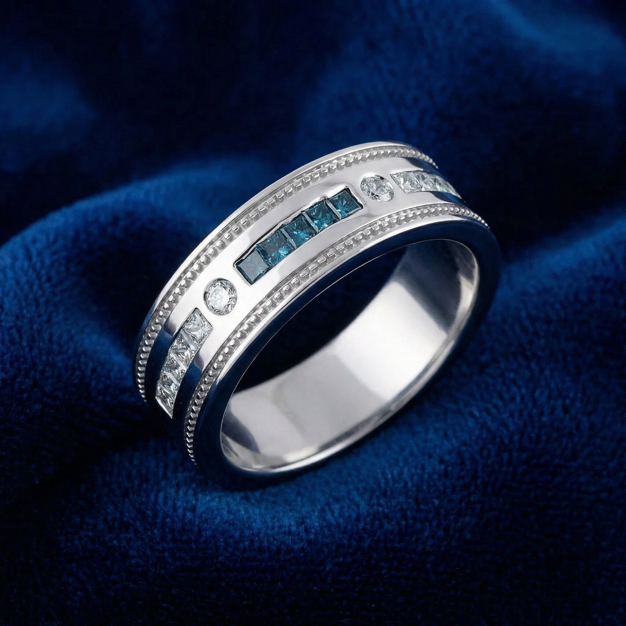1/2 Ct Mens Blue Diamond Princess Cut Wedding Ring 10k White Gold (H-I, I1)
