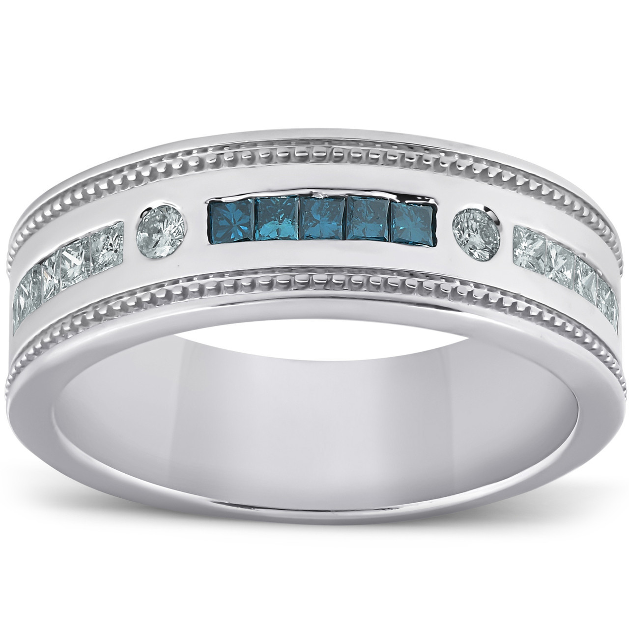 1/2 Ct Mens Blue Diamond Princess Cut Wedding Ring 10k White Gold (H-I, I1)