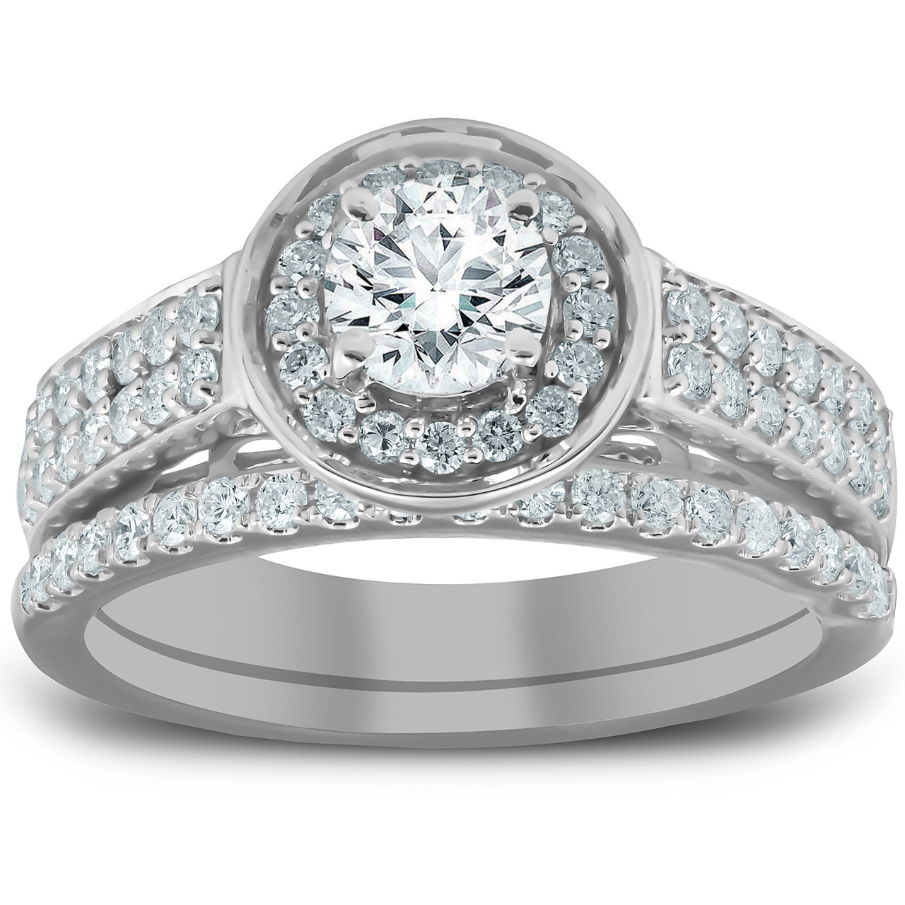 1 1/4 Ct Diamond Halo Double Band Engagement Ring & Wedding Band