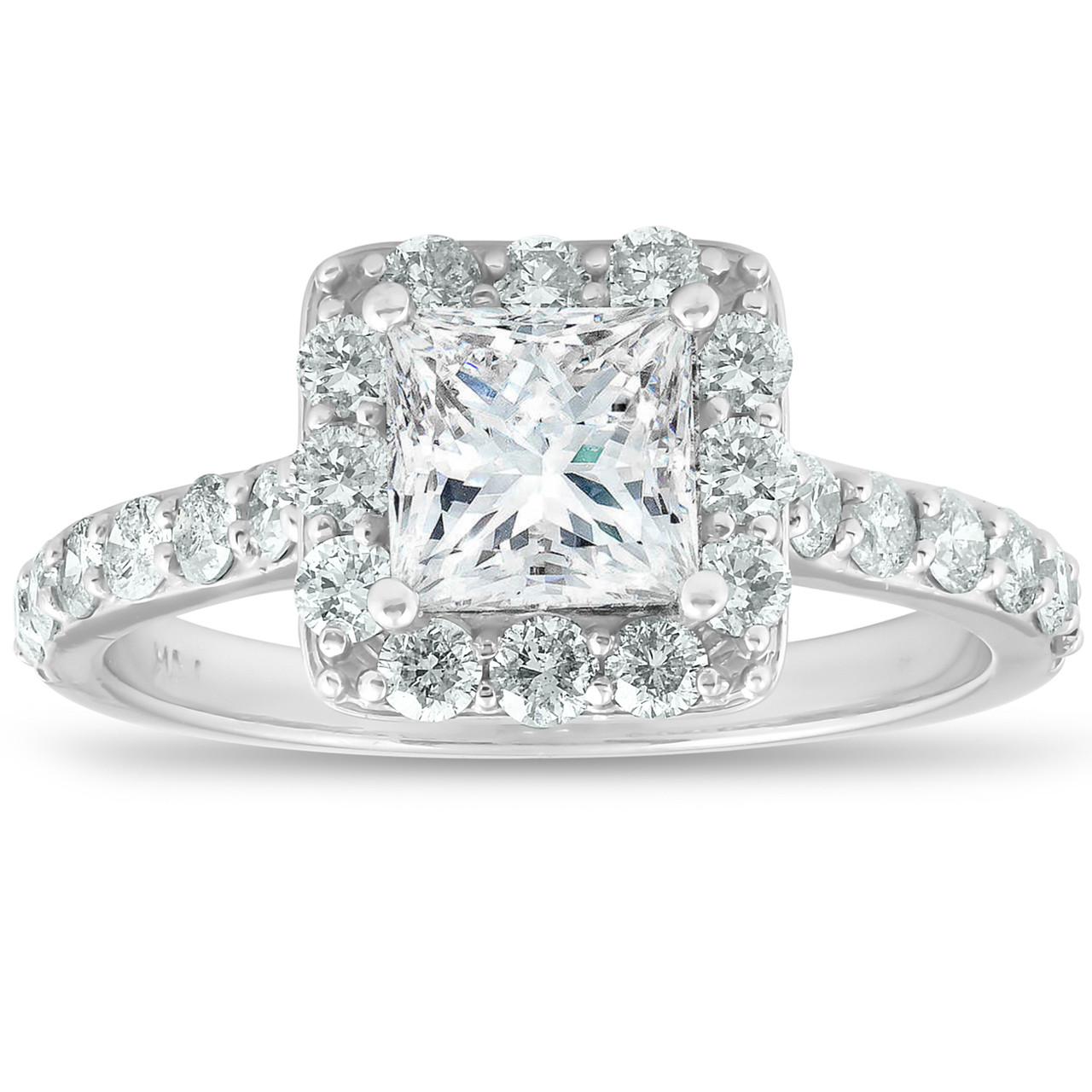 2 Ct Diamond Princess Cut Halo Engagement Ring 14k White Gold (H-I, SI)