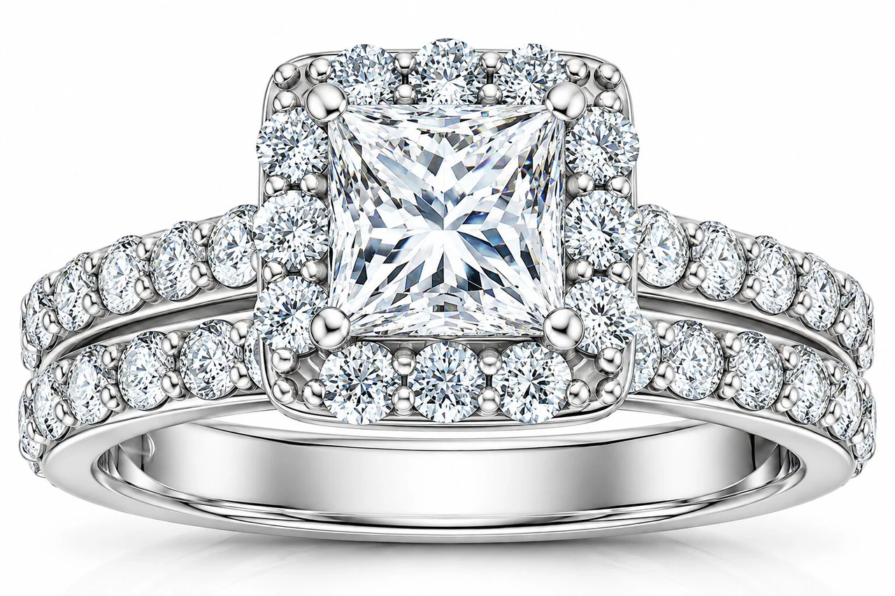 2 1/2 Ct Halo Princess Cut Diamond Engagement Wedding Ring Set 14k White Gold (G-H, SI)