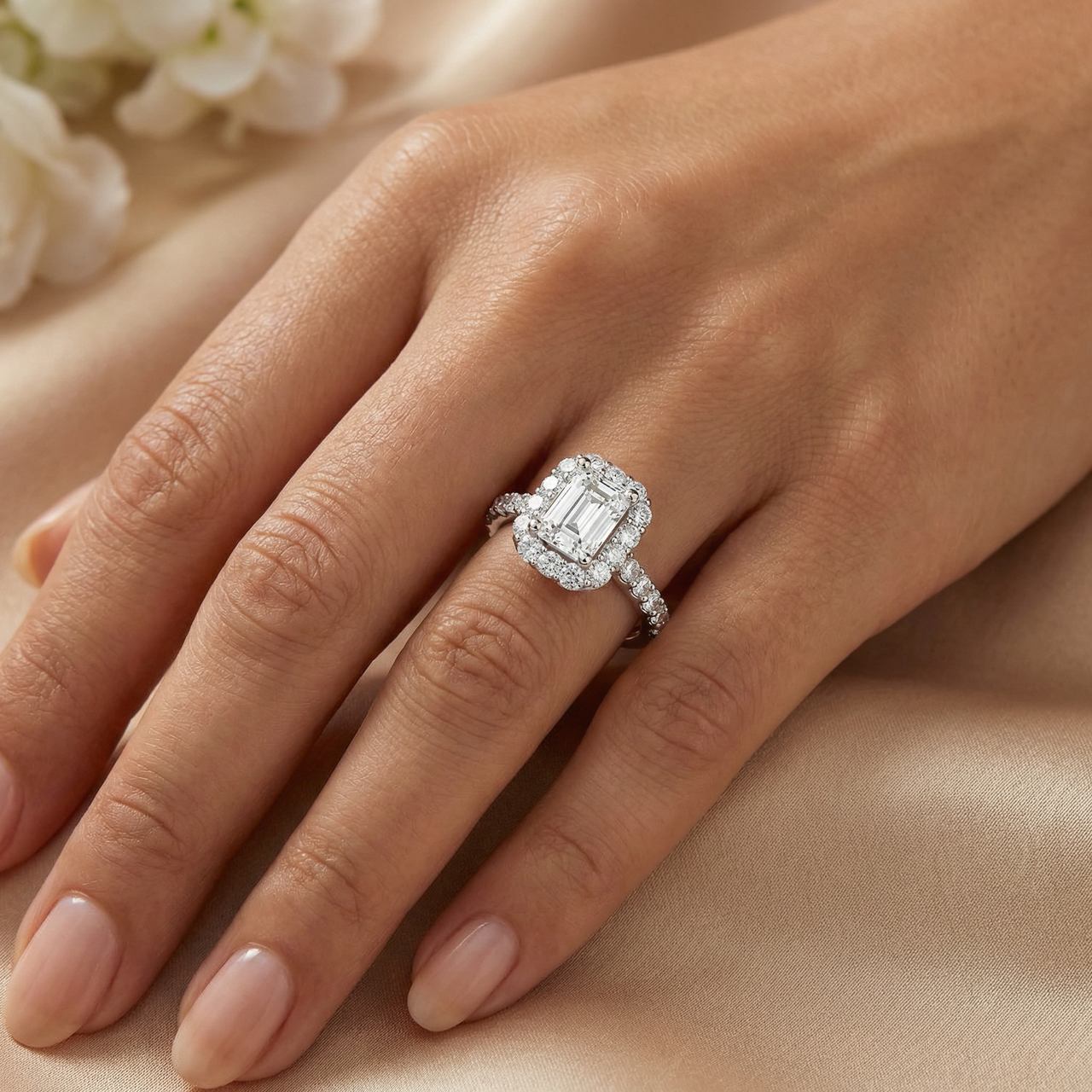 1.75 Ct Emerald Diamond Halo Engagement Ring 14k White Gold Lab Grown (F-G, VS)