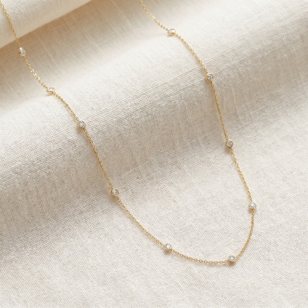 2 TCW Diamond Bezel Station Necklace 14k Yellow Gold (G-H, SI)