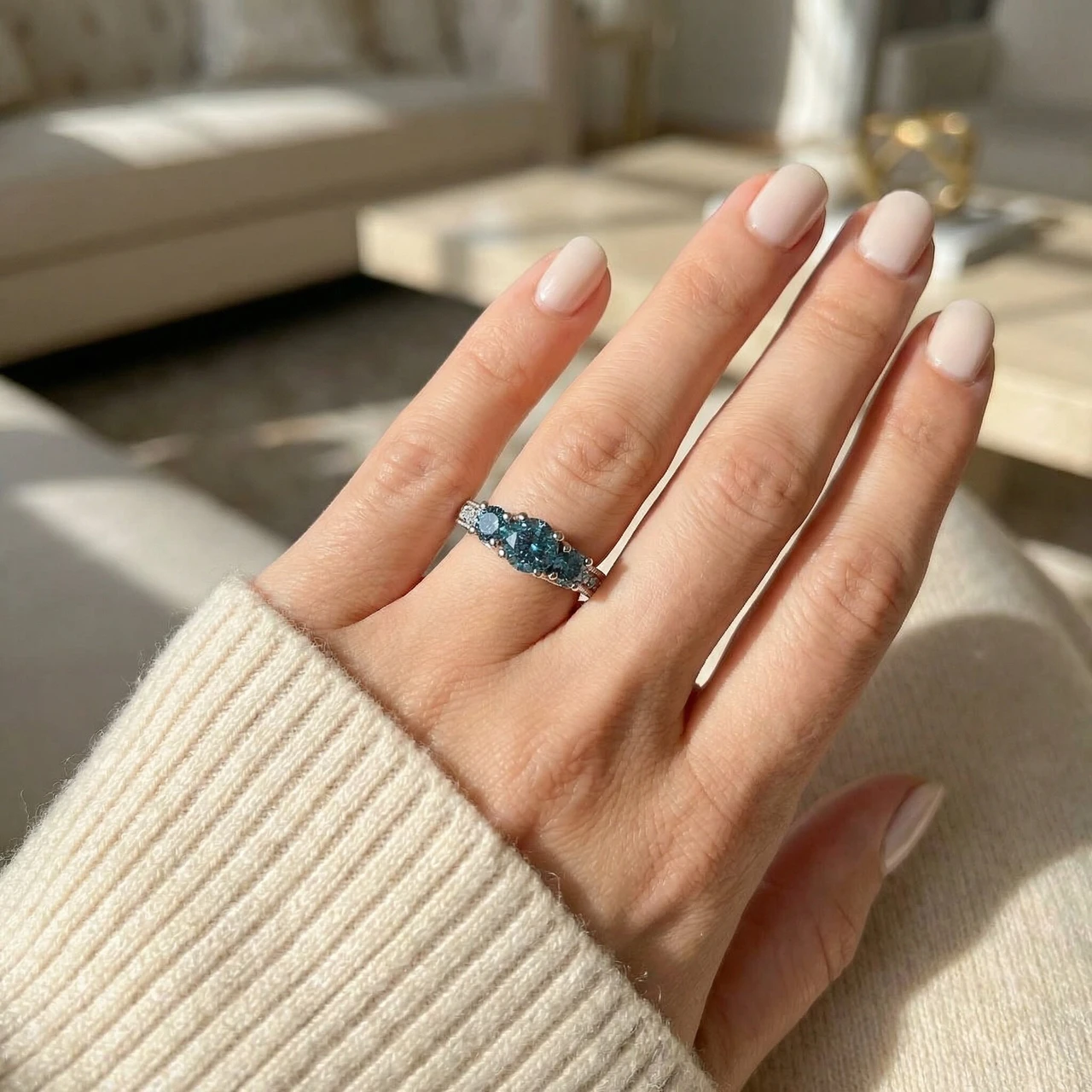 1 1/2 Ct Three Stone Vintage Blue Diamond Engagement Ring 14k White Gold Antique (G-H, I1)