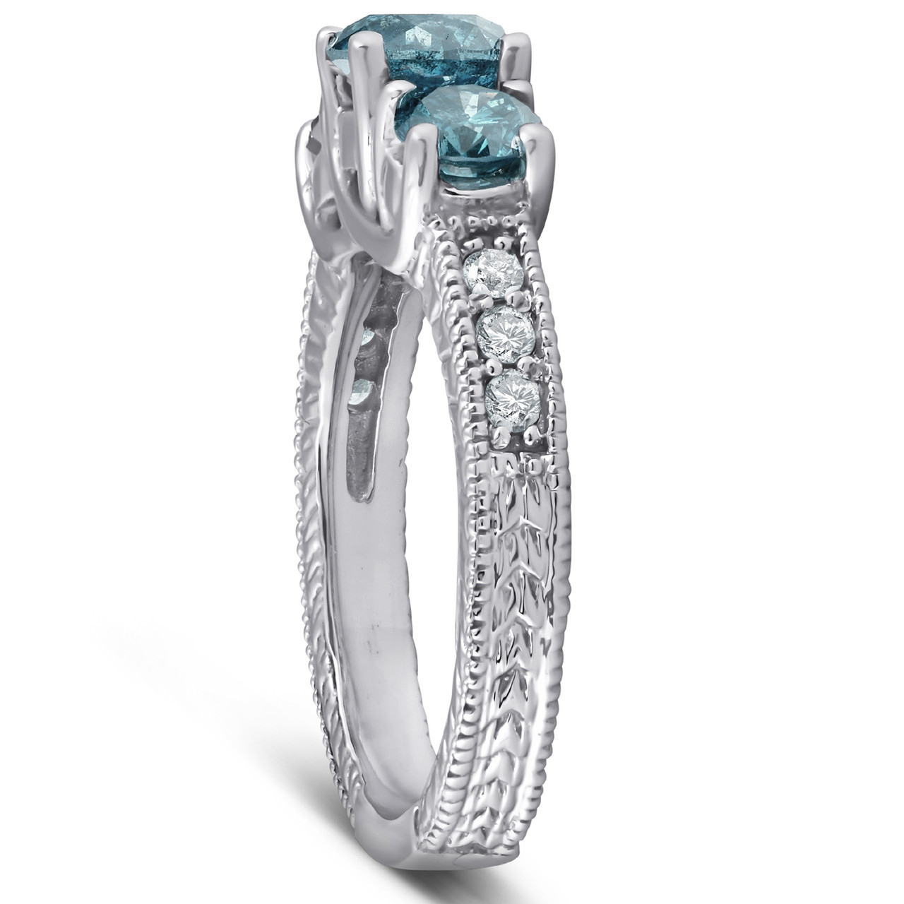 1 1/2 Ct Three Stone Vintage Blue Diamond Engagement Ring 14k White Gold Antique (G-H, I1)