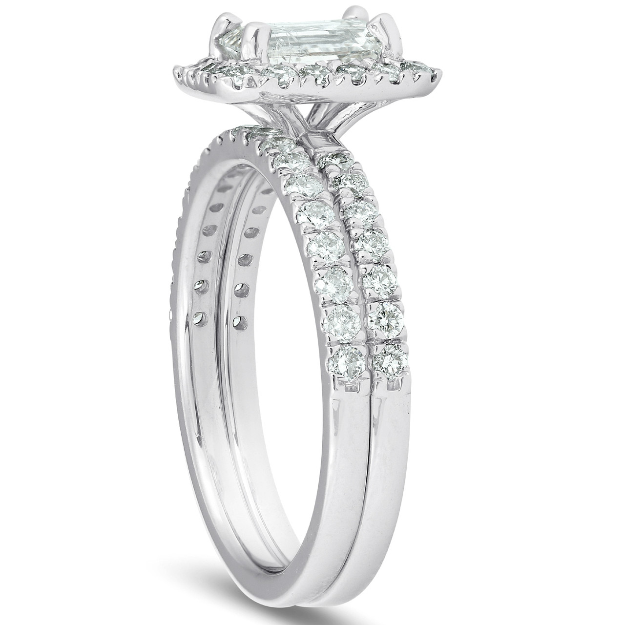 1 3/4 Ct Emerald Cut Diamond Halo Engagement Wedding Ring Set 14k White ...