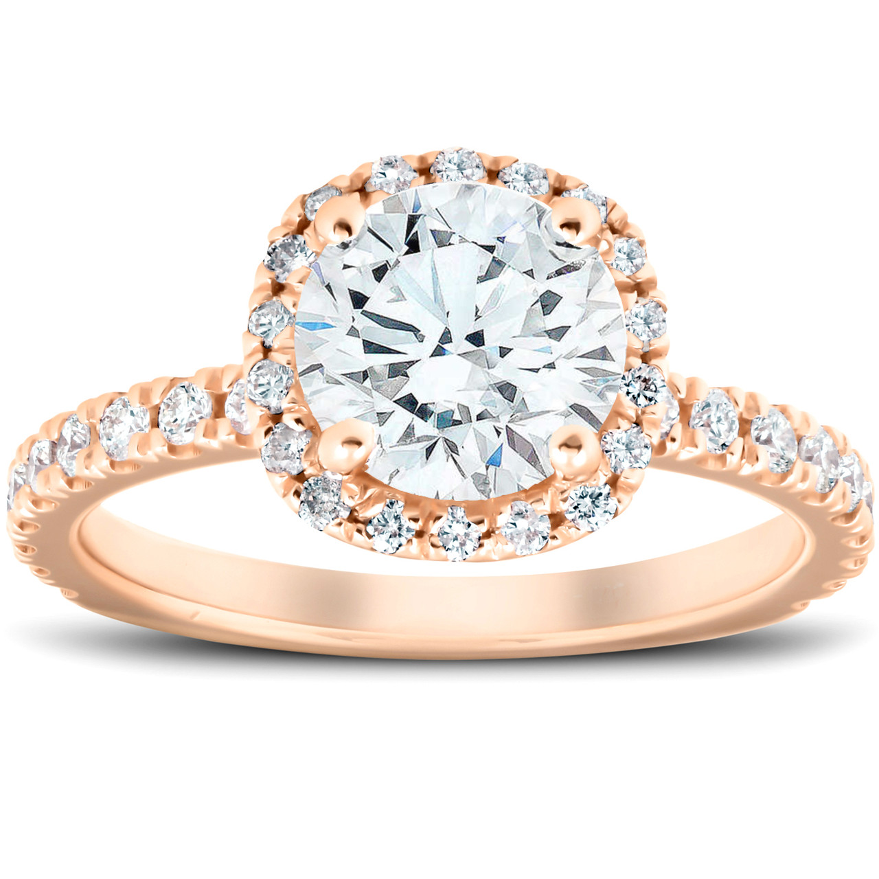 G/VS 2 Ct Moissanite & Diamond Cushion Halo Engagement Ring 14k Rose Gold (G-H, VS) G/VS 2 Ct Moissanite & Diamond Cushion Halo Engagement Ring 14k Rose Gold (G-H, VS)