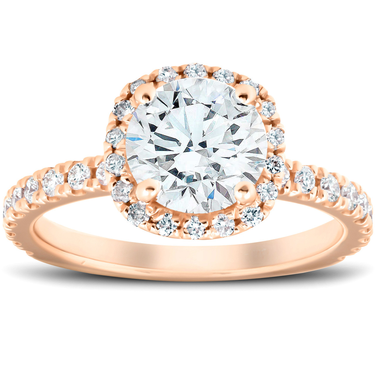G/VS 2 Ct Moissanite & Diamond Cushion Halo Engagement Ring 14k Rose Gold (G-H, VS) G/VS 2 Ct Moissanite & Diamond Cushion Halo Engagement Ring 14k Rose Gold (G-H, VS)