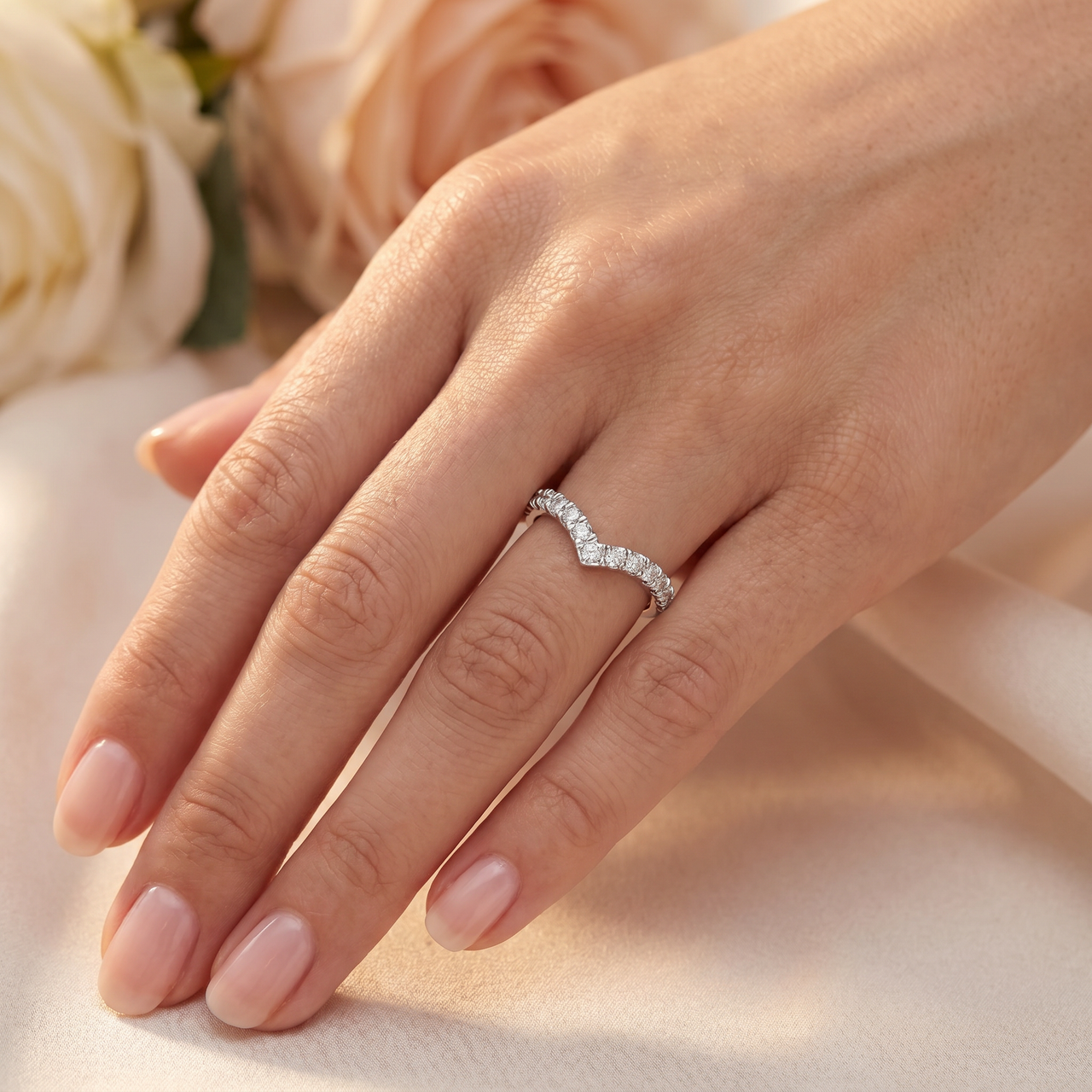 1/2 Ct Diamond Curved V Shape Contour Ring Womens Wedding Band 14k White Gold (H-I, I1)