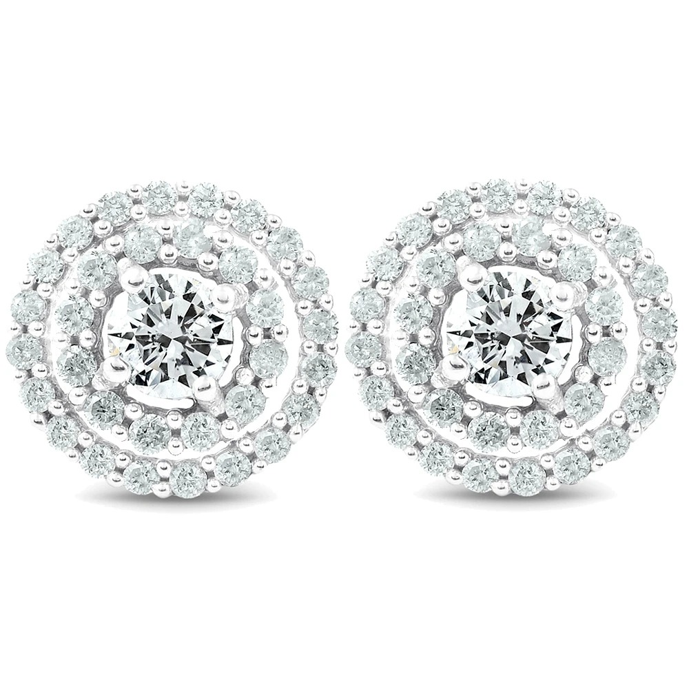 1Ct Diamond Double Halo Studs Screw Back Womens Earrings White Gold 10.2MM (H-I, I2-I3)