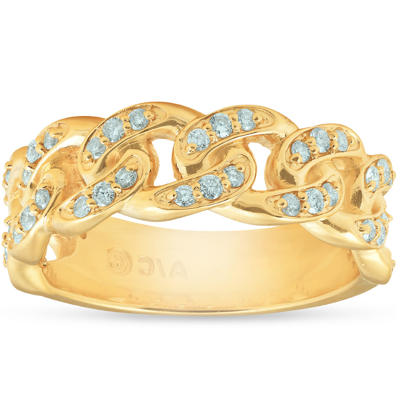 1/2 Ct Mens Heavy Weight Solid Yellow Gold Curb Chain Diamond Ring Wedding Band (H-I, I1)