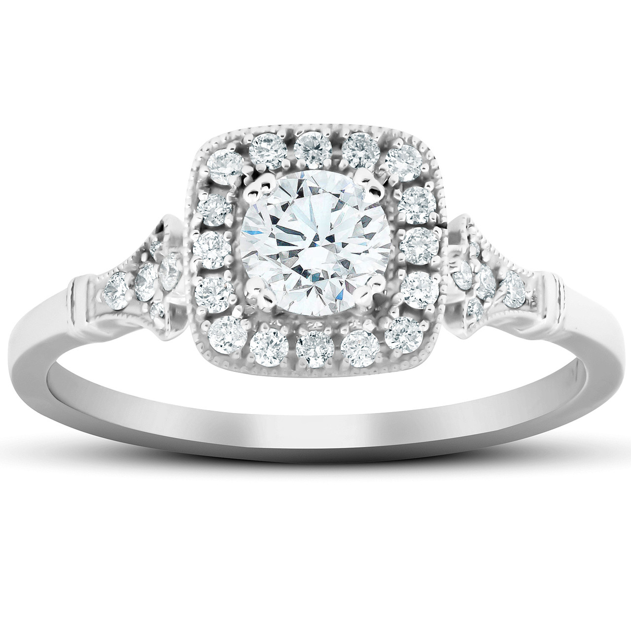 1 2 Ct Cushion Halo Diamond Pave Engagement Ring 14k White Gold