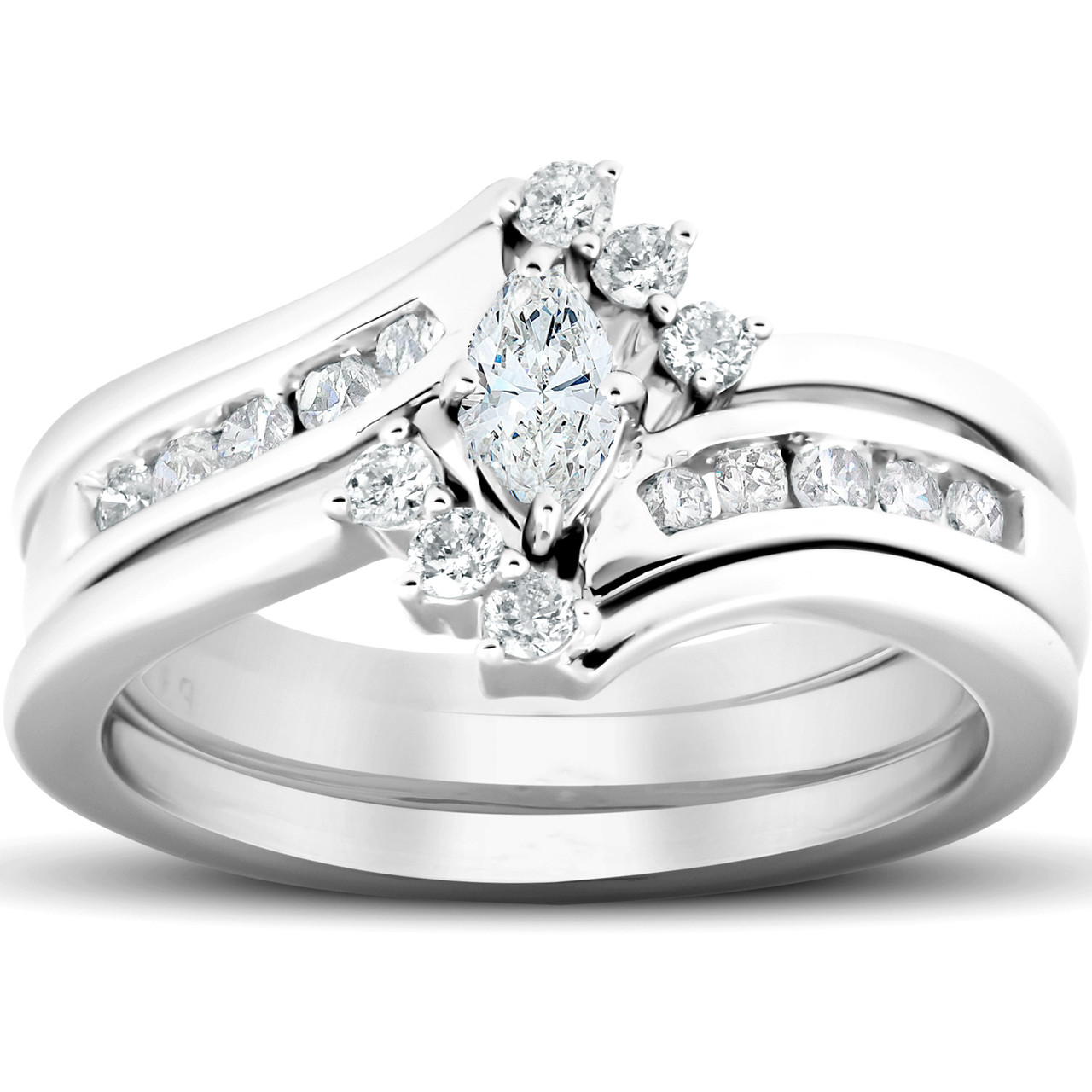 1/2 Ct Marquise Diamond Engagement Trio Wedding Ring Set 10k White Gold (H-I, I1)