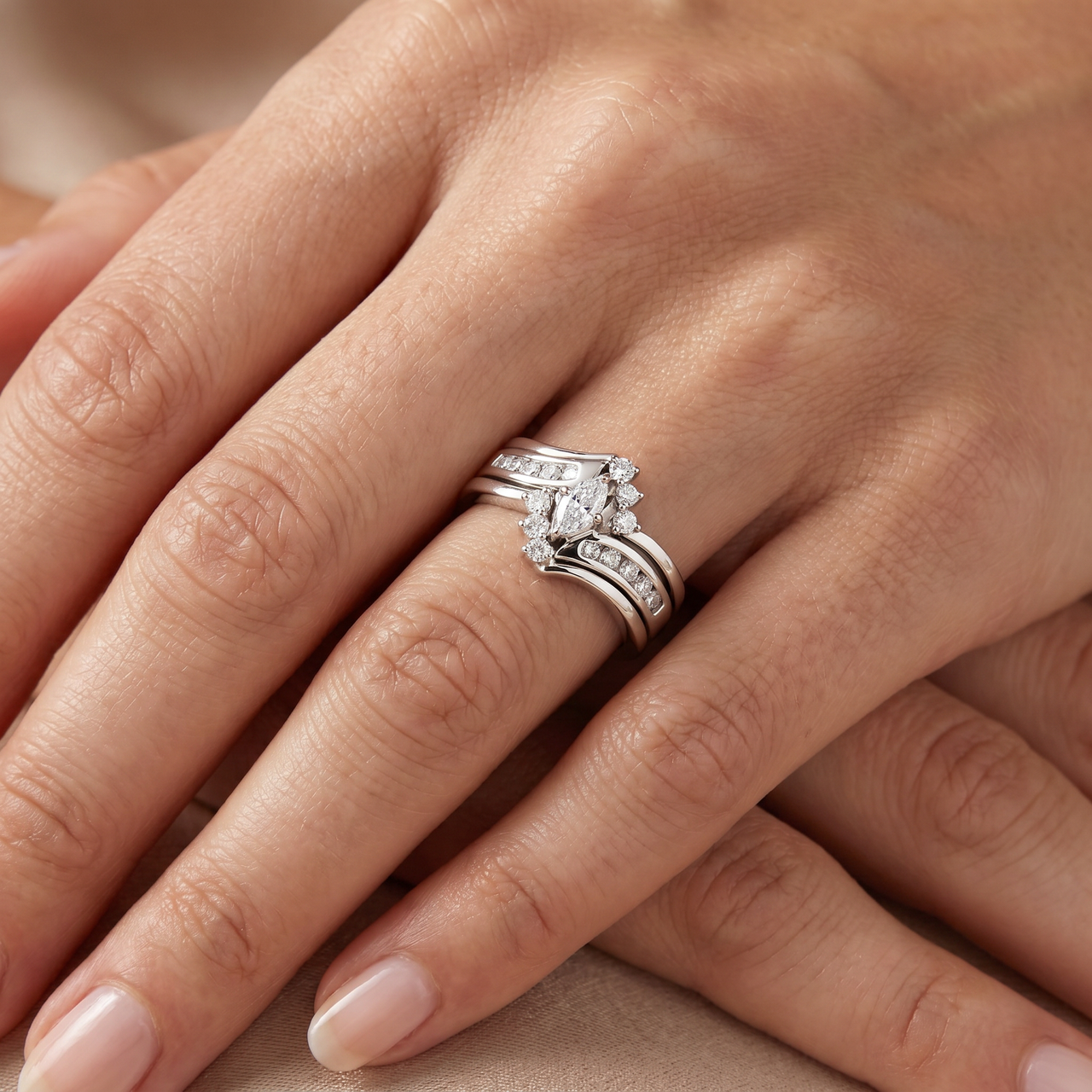 1/2 Ct Marquise Diamond Engagement Trio Wedding Ring Set 10k White Gold (H-I, I1)