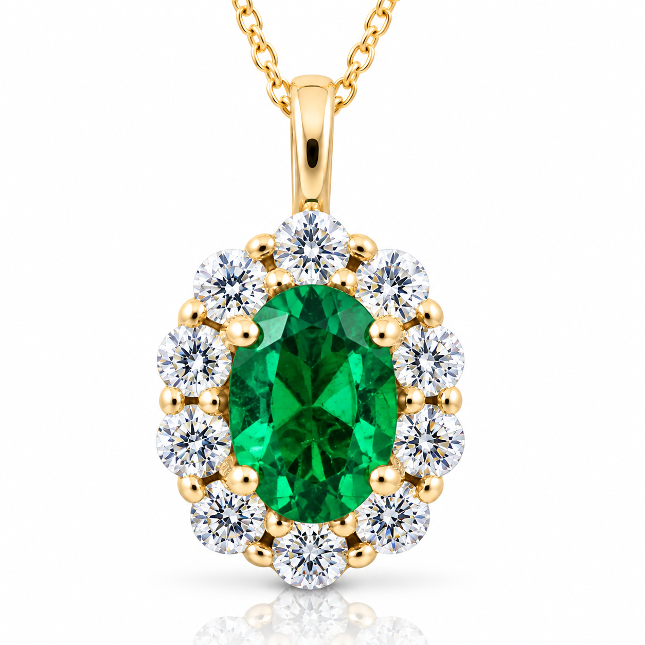 1 3/4ct Emerald & Genuine Diamond Halo Pendant 14K Yellow Gold (G-H, I1)
