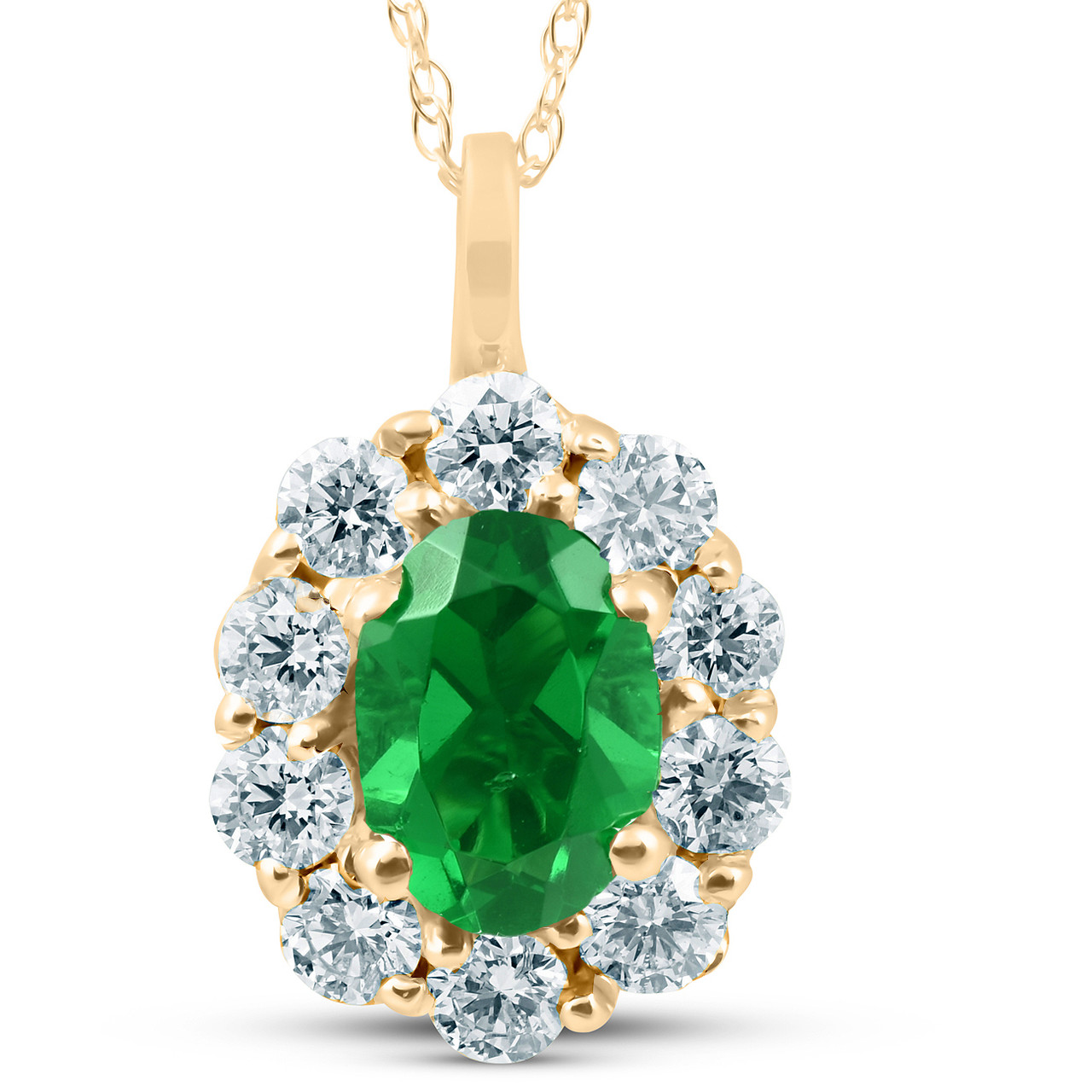 1 3/4ct Emerald & Genuine Diamond Halo Pendant 14K Yellow Gold (G-H, I1)
