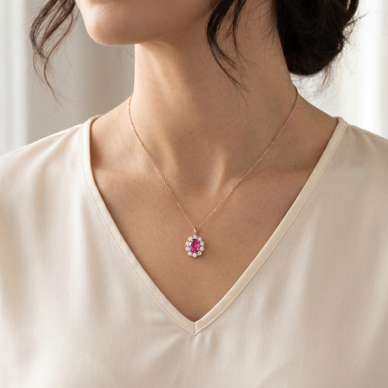 1 3/4ct Pink Sapphire & Genuine Diamond Halo Pendant 14K Rose Gold (G-H, I1)