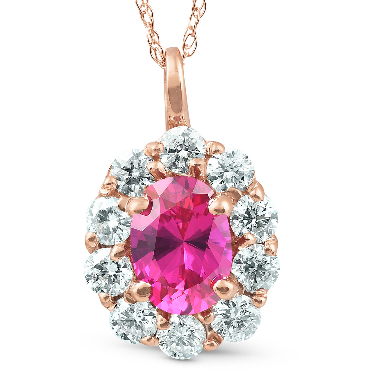 14K Rose Gold Oval Pink Sapphire Diamond Pendant Necklace