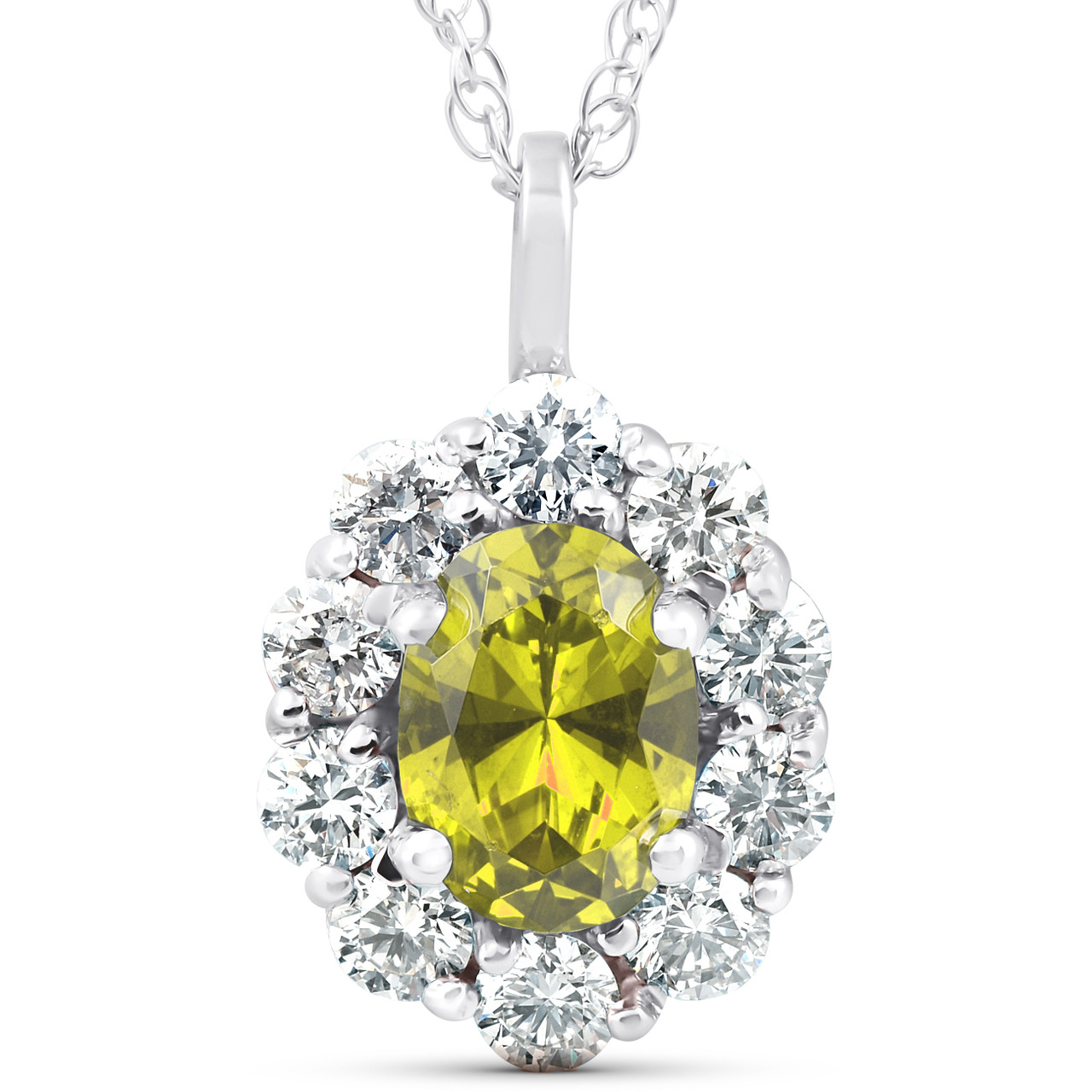 1 3/4ct Oval Citrine & Genuine Diamond Halo Pendant 14K White Gold (G-H, I1)