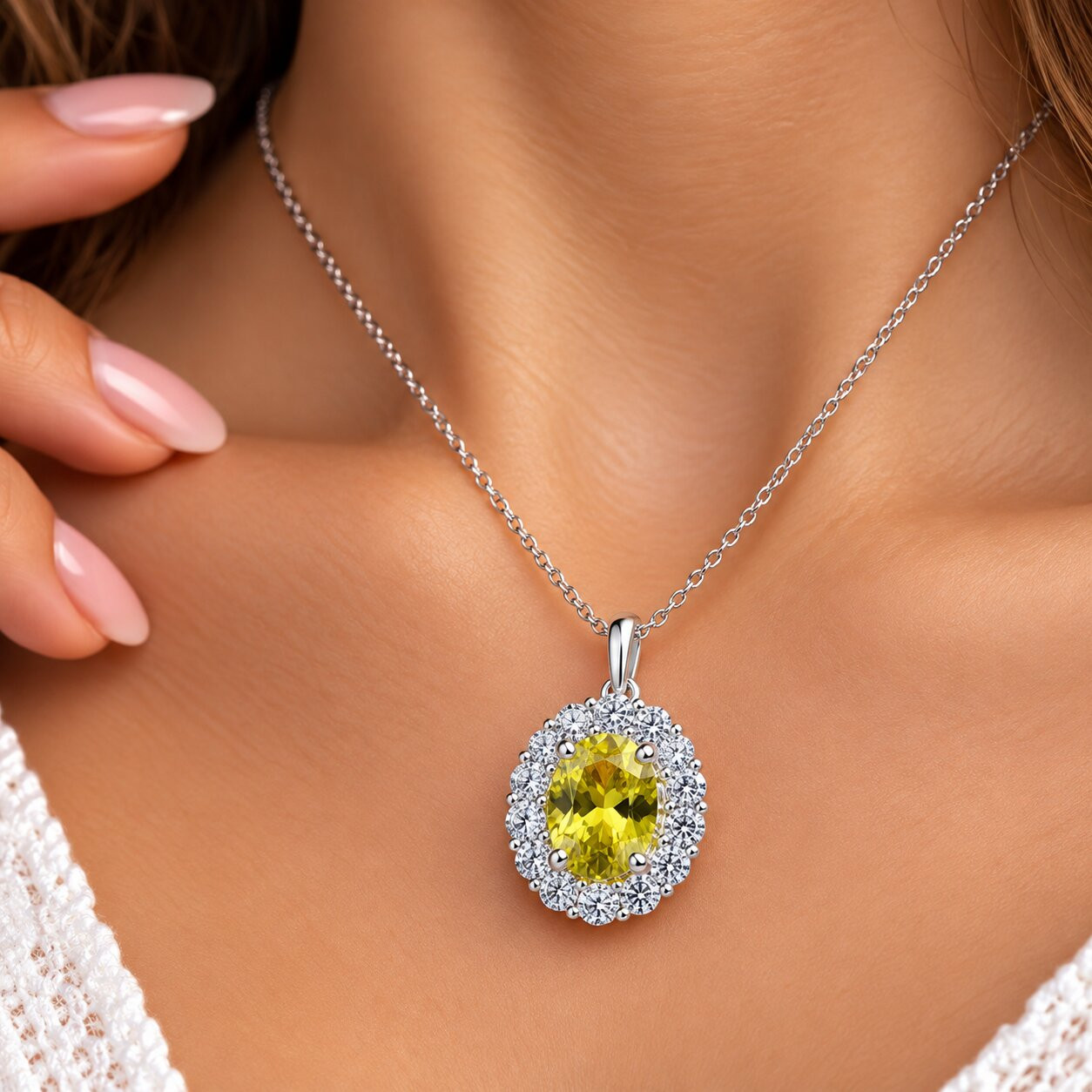1 3/4ct Oval Citrine & Genuine Diamond Halo Pendant 14K White Gold (G-H, I1)