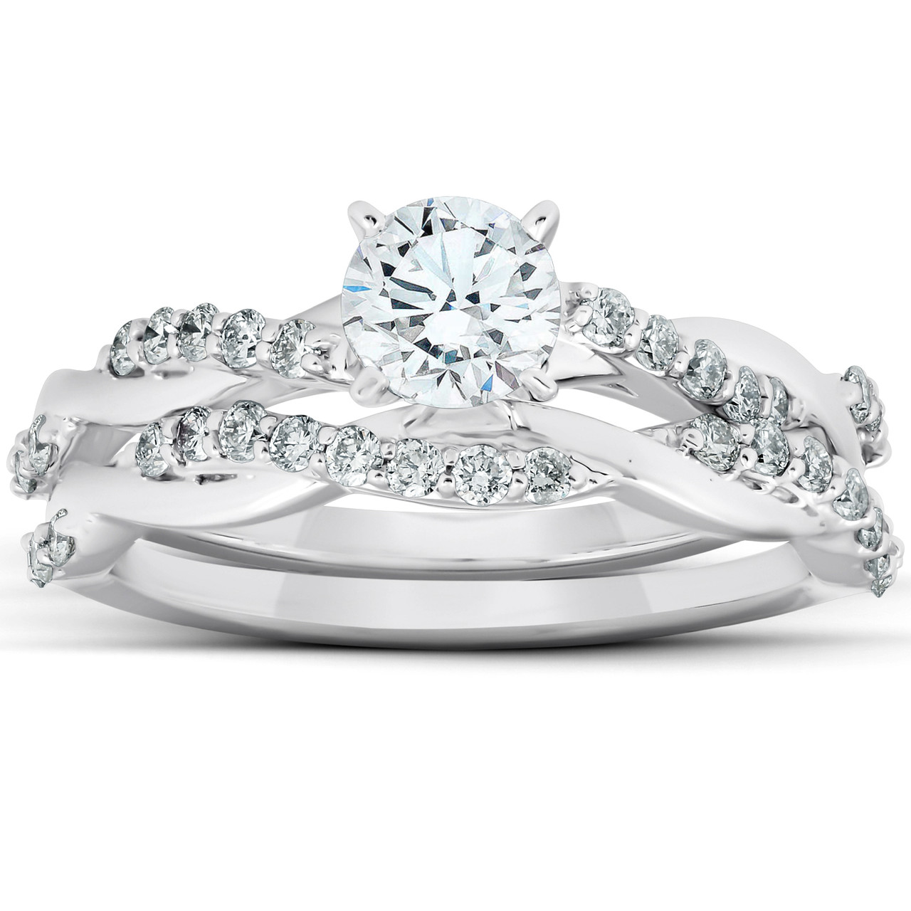 2.00ct Round Moissanite With 3 Side Diamond Band Intertwined Prongs and  Millgrain