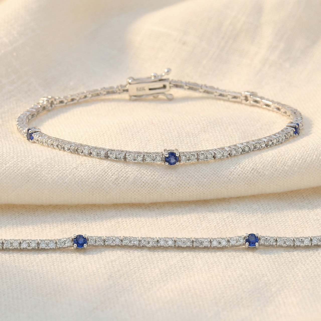 1 1/10 Ct Diamond & Blue Sapphire Tennis Bracelet 14k White Gold 7" Lab Grown (G-H, VS)