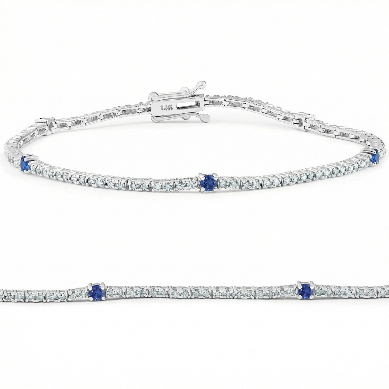 1 1/10 Ct Diamond & Blue Sapphire Tennis Bracelet 14k White Gold 7" Lab Grown (G-H, VS)