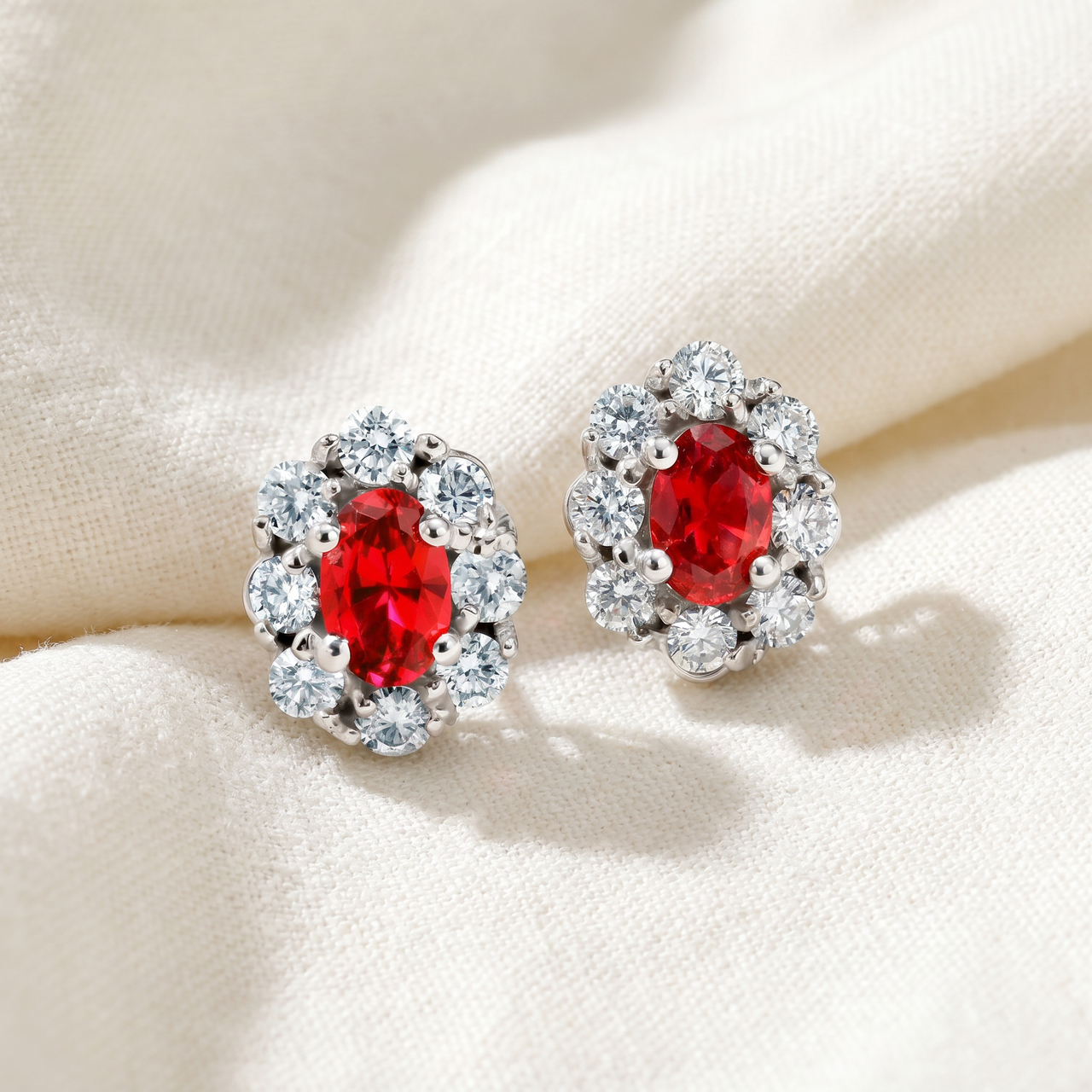 3 Ct Ruby & Diamond Halo Studs 14k White Gold (H-I, I1)
