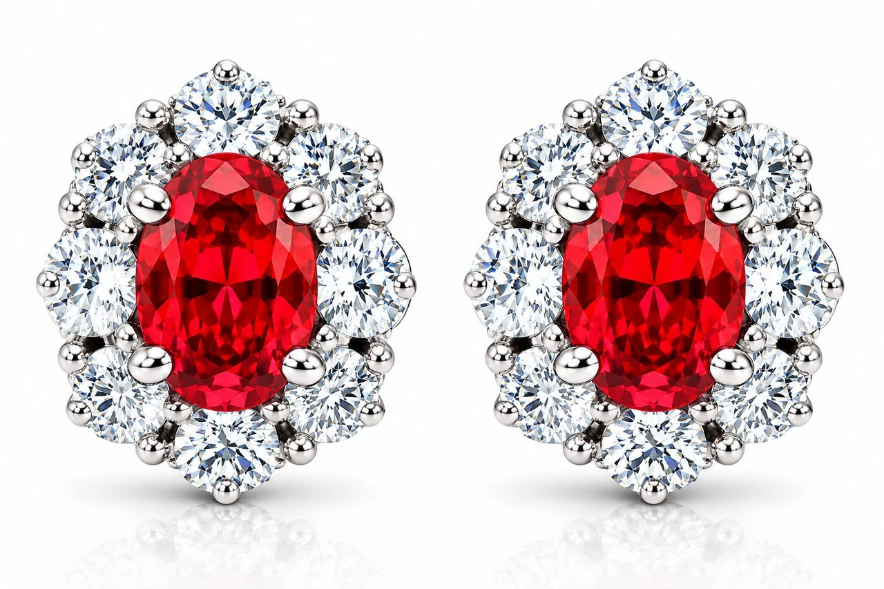 3 Ct Ruby & Diamond Halo Studs 14k White Gold (H-I, I1)