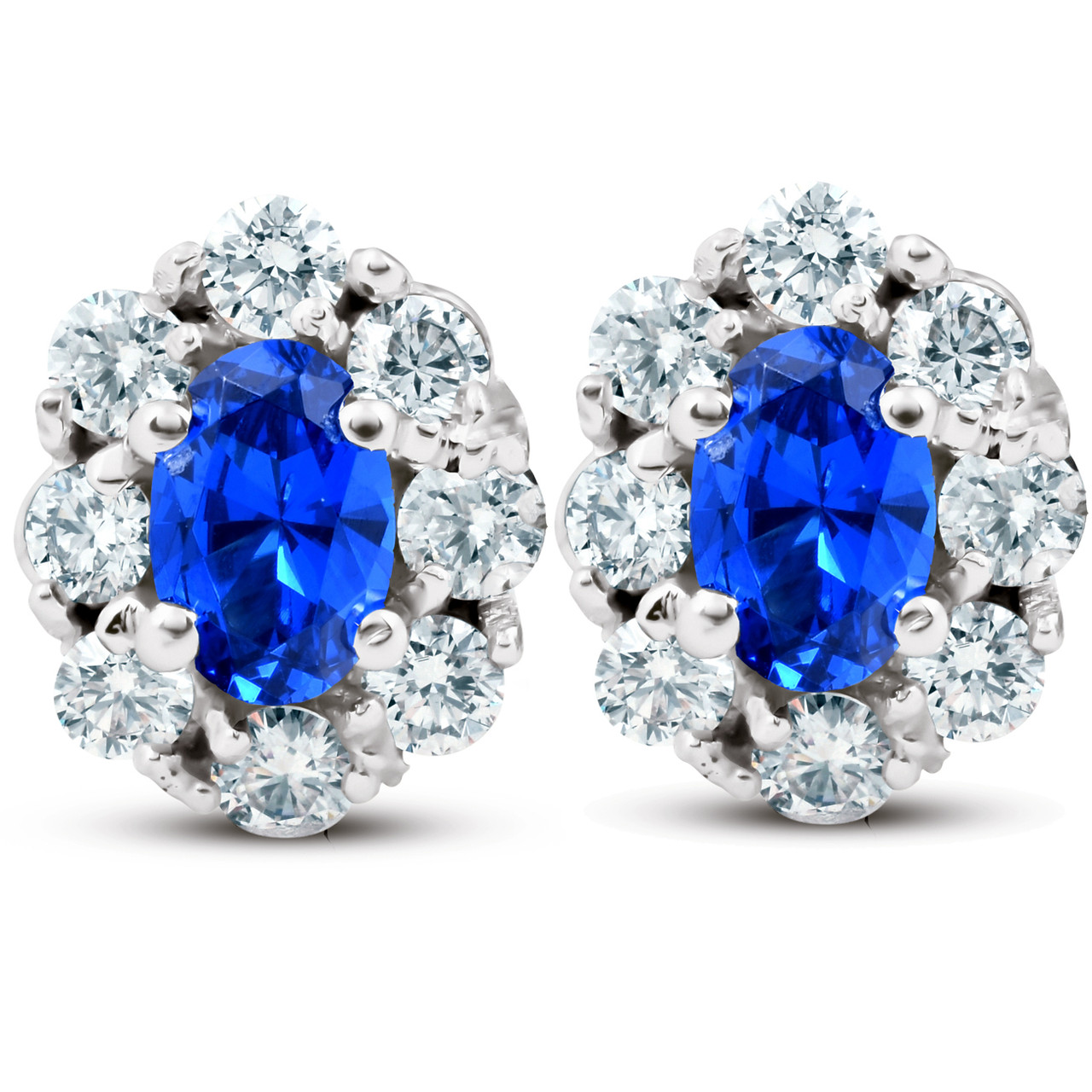 3 Ct Blue Sapphire & Diamond Halo Studs 14k White Gold (H-I, I1)